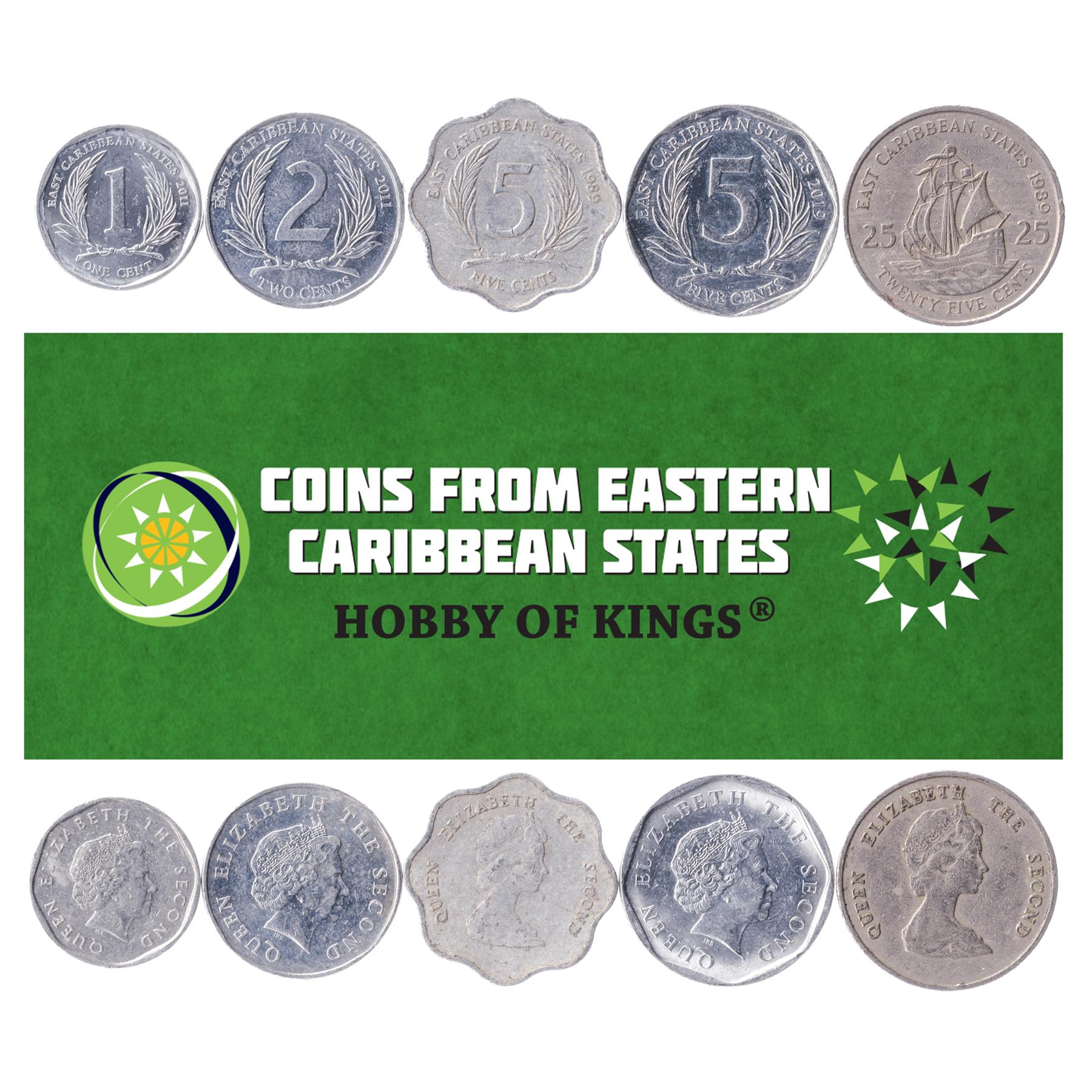 5 Mixed Coins From The Eastern Caribbean States (OECS) | Cent - Dollar | 1955 - 2020
