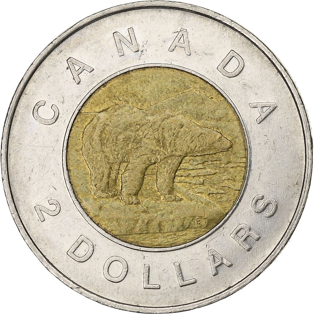 Canada | 2 Dollars Coin | Aluminium bronze center in nickel ring | 3rd portrait; Maple leaf logo | KM:270 | 1996-2003
