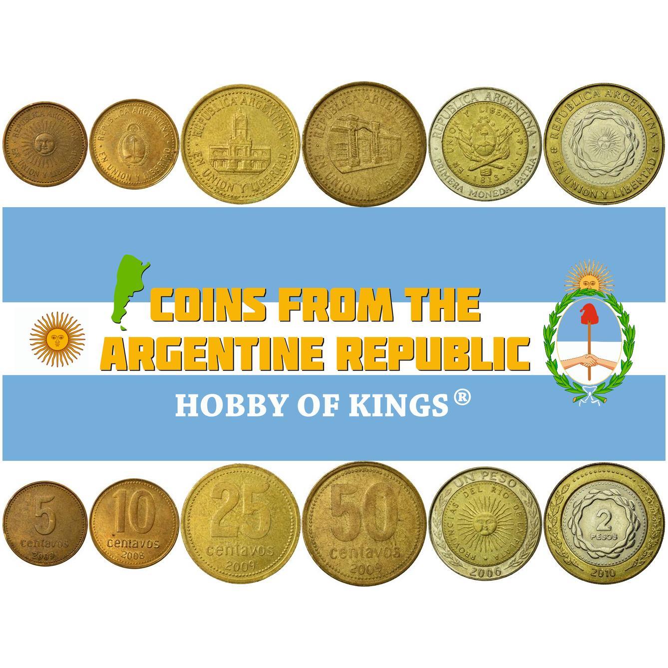 Argentina | 6 Coin Set | 5 10 25 50 Centavos 1 Peso 2 Pesos | 2006 - 2016