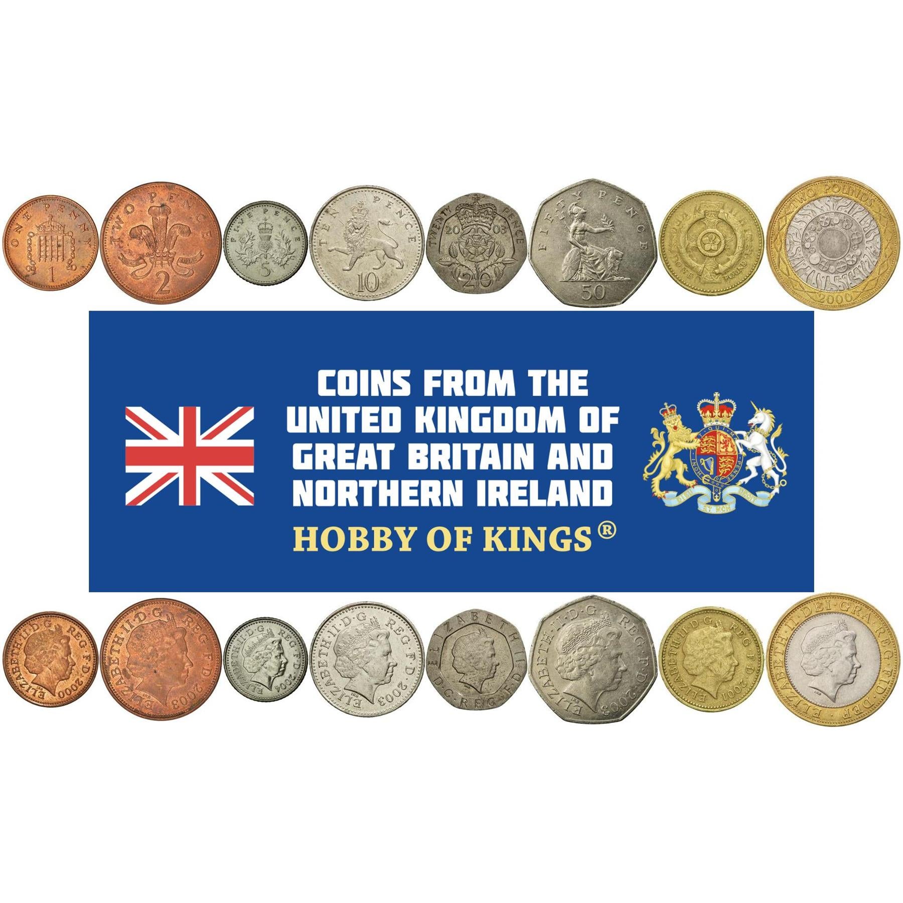 United Kingdom | 8 Coin Set | 1 Penny 2 5 10 20 50 Pence 1 Pound 2 Pounds | 1998 - 2008