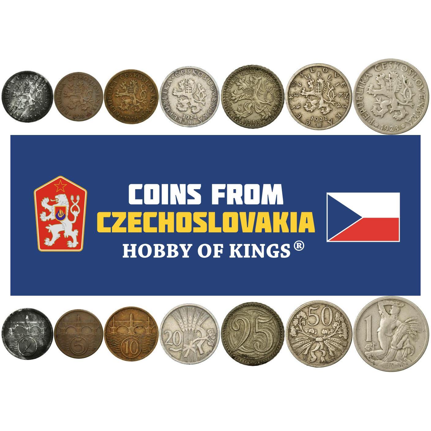 Czechoslovakia | 7 Coin Set | 2 5 10 20 25 50 Hellers 1 Koruna | Charles Bridge | Czech Lion |  1921 - 1938