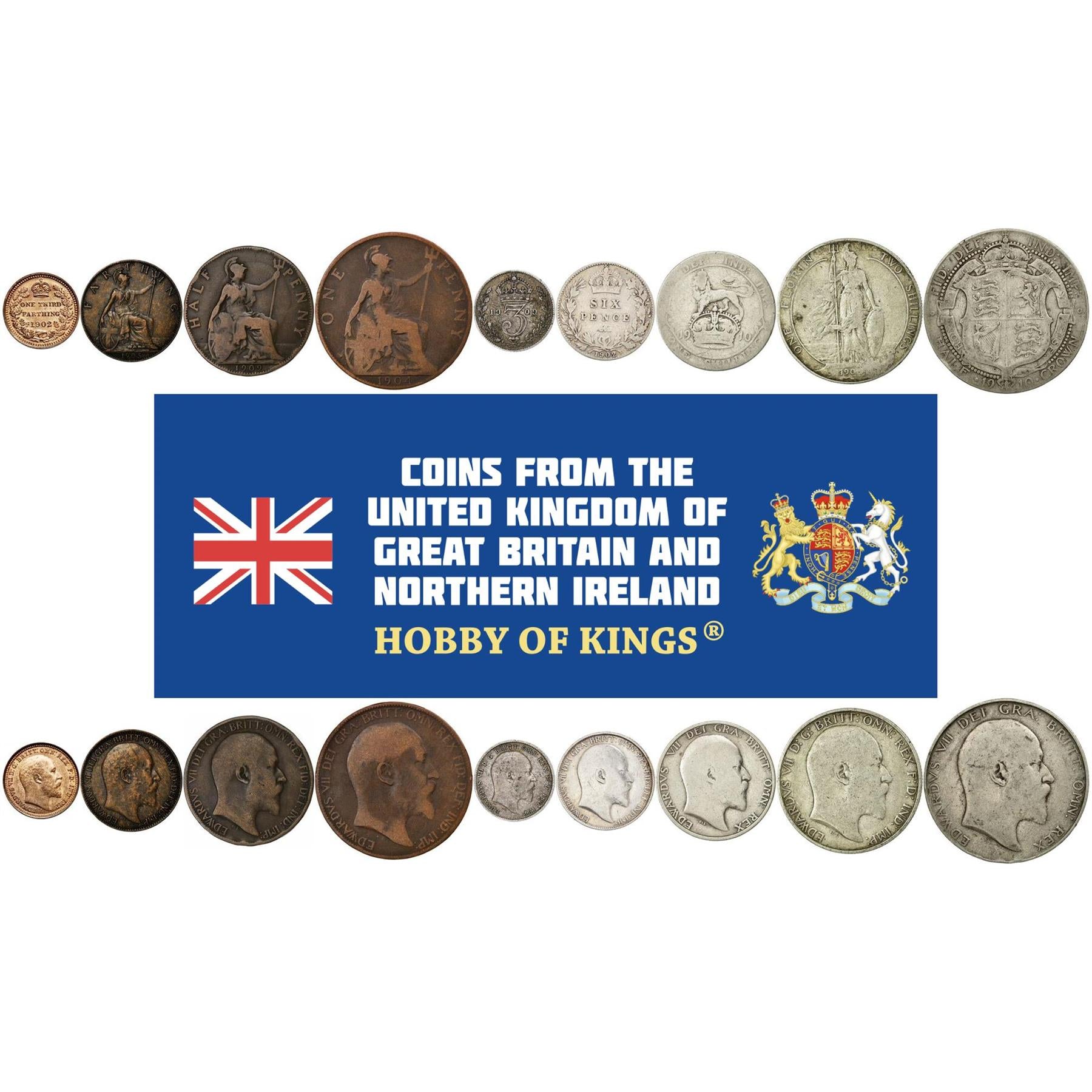 Vereinigtes Königreich | 9 Münzsatz | ⅓ 1 Farthing 1/2 1 Penny 3 6 Pence 1 Schilling 1 Florin 1/2 Krone | 1902 - 1910
