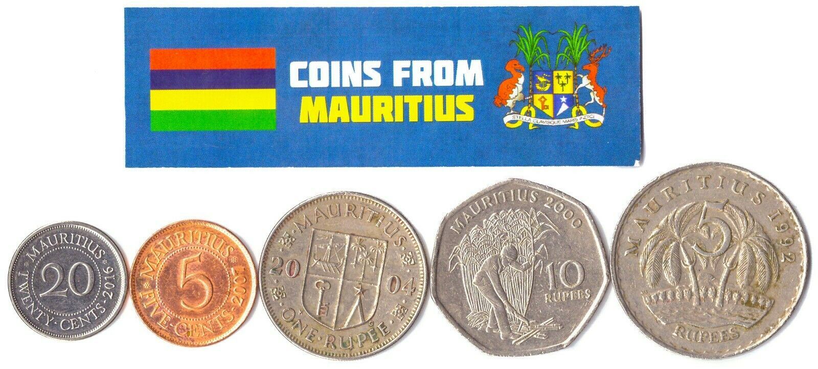 5 Mixed Coins From Mauritius | 5 Cents - 10 Rupees | 1987 - 2017