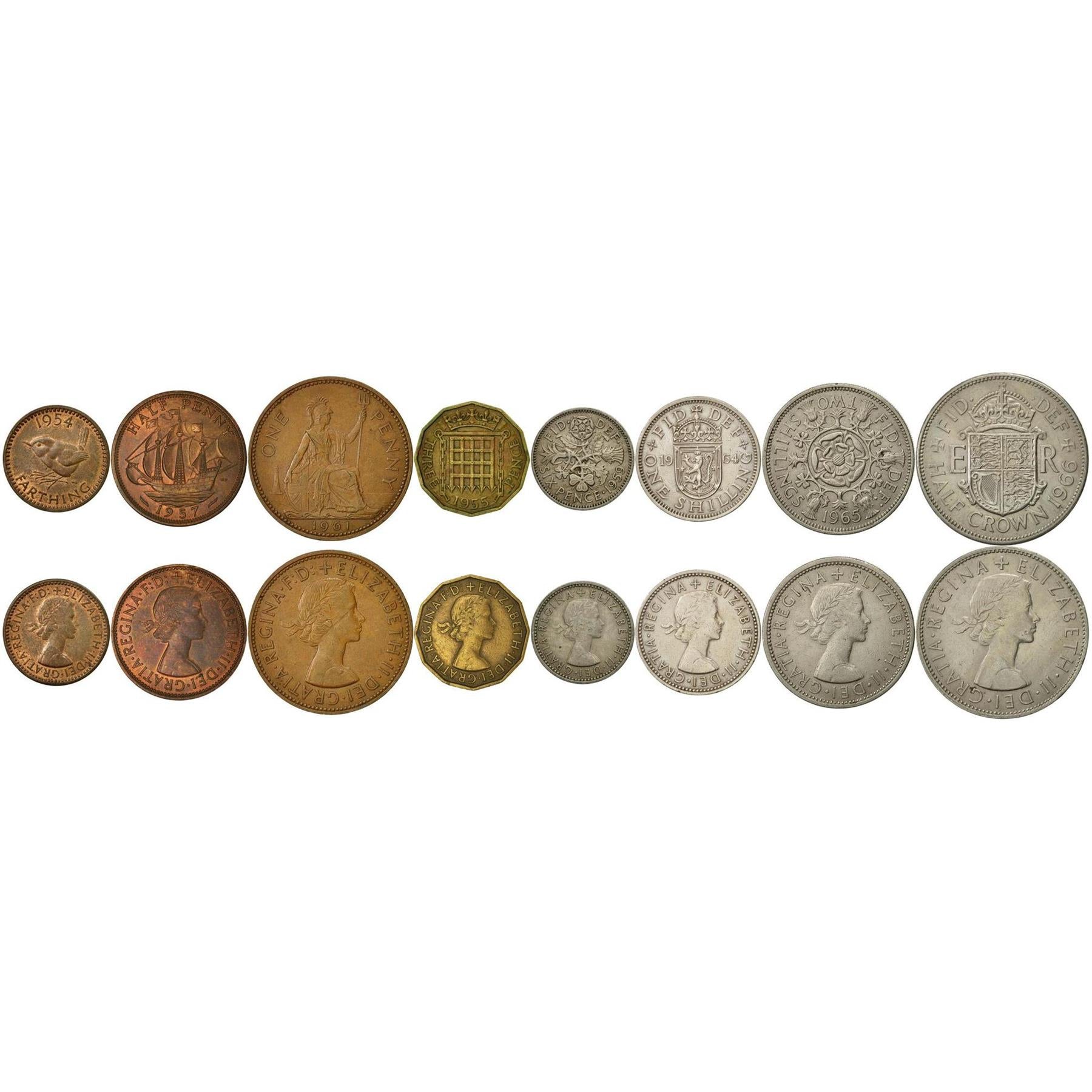 United Kingdom | 8 Coin Set | 1 Farthing 1/2 1 Penny 3 6 Pence 1 Shilling 2 Shillings 1/2 Crown | 1954 - 1970