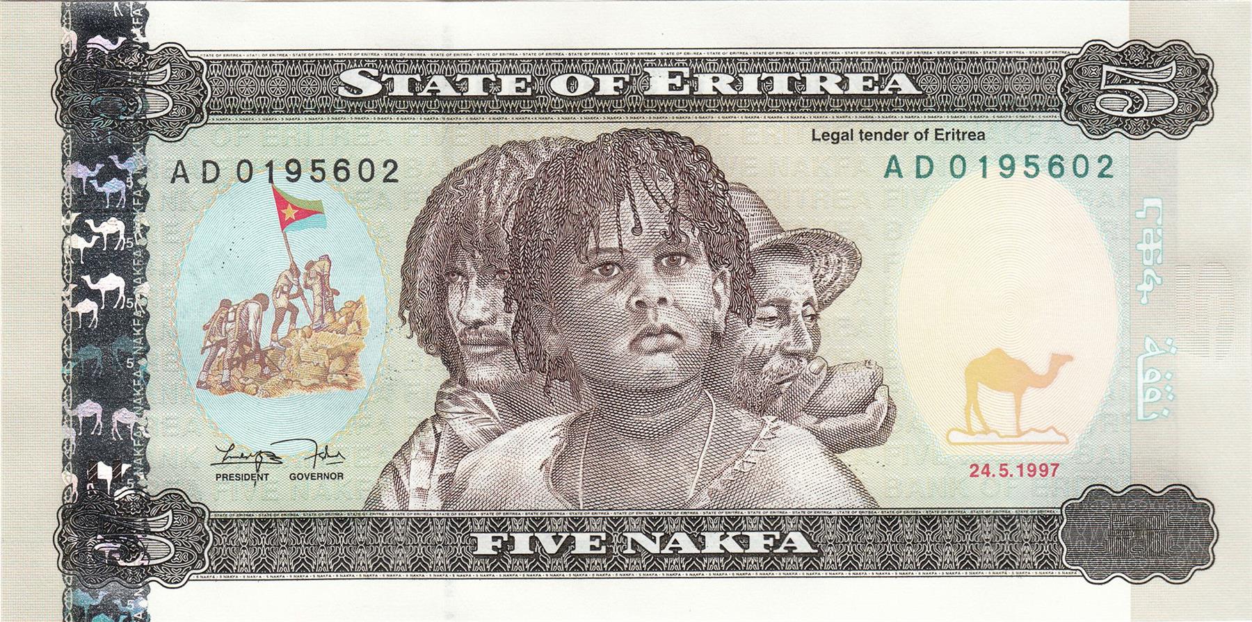 Érythrée | Billet de 5 Nakfa | 1997 | Générations érythréennes | Bétail | Figuier sycomore héroïque Daaro