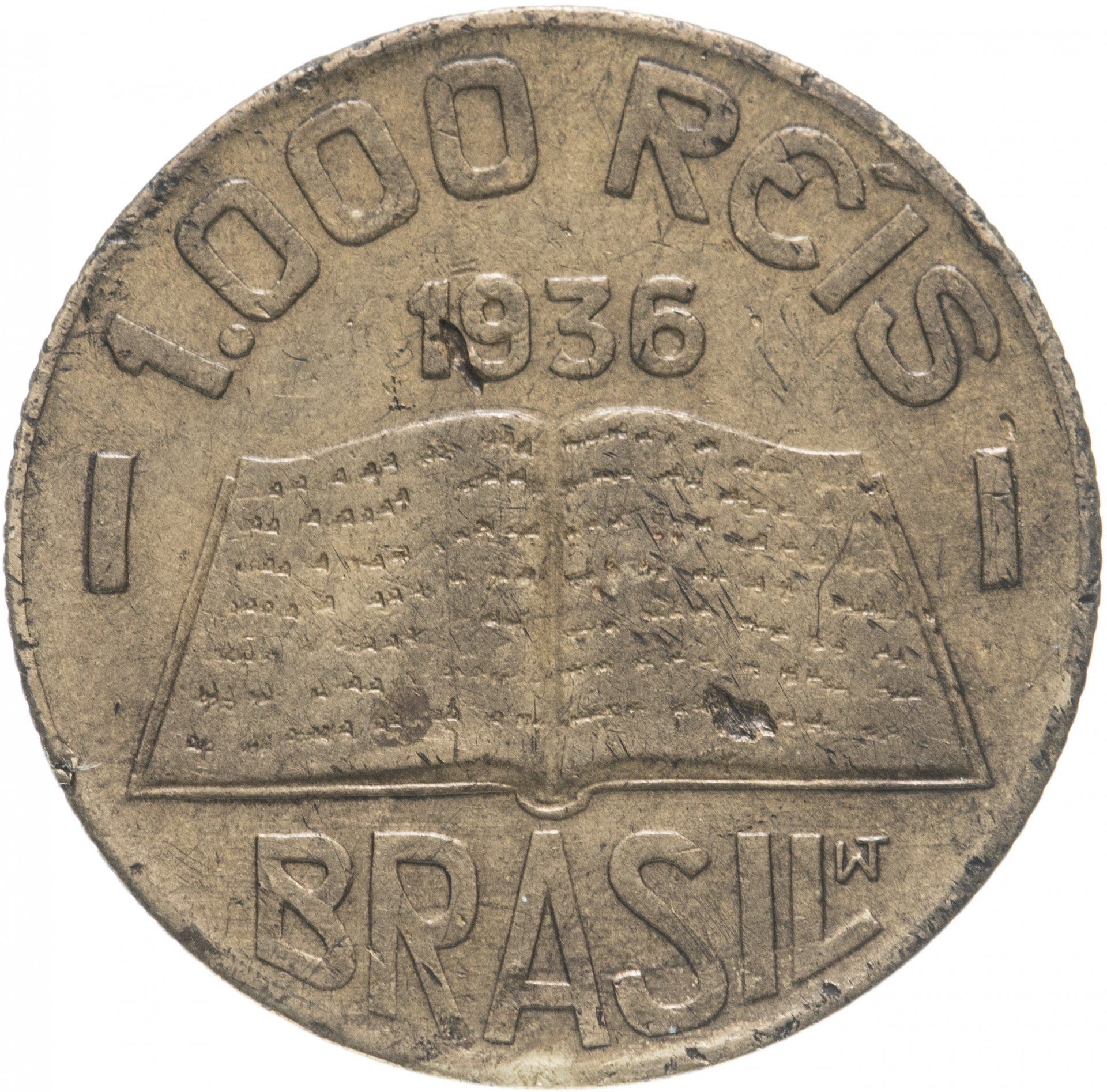 Brazil | 1000 Reis Coin | Open bible | KM:541 | 1936 - 1938