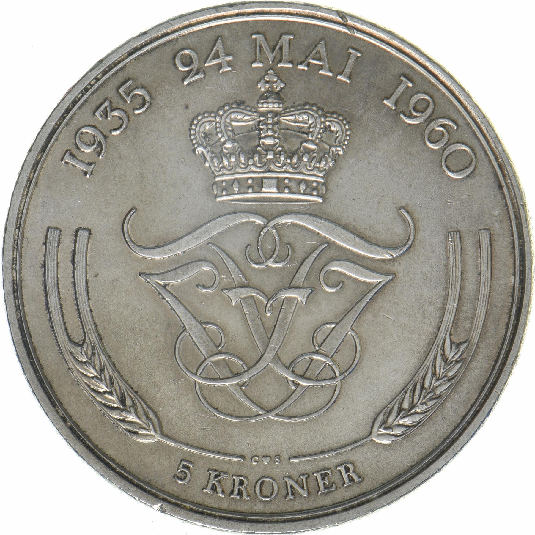Denmark | 5 Kroner Coin | Silver | Silver Wedding Anniversary | KM:852 | 1960