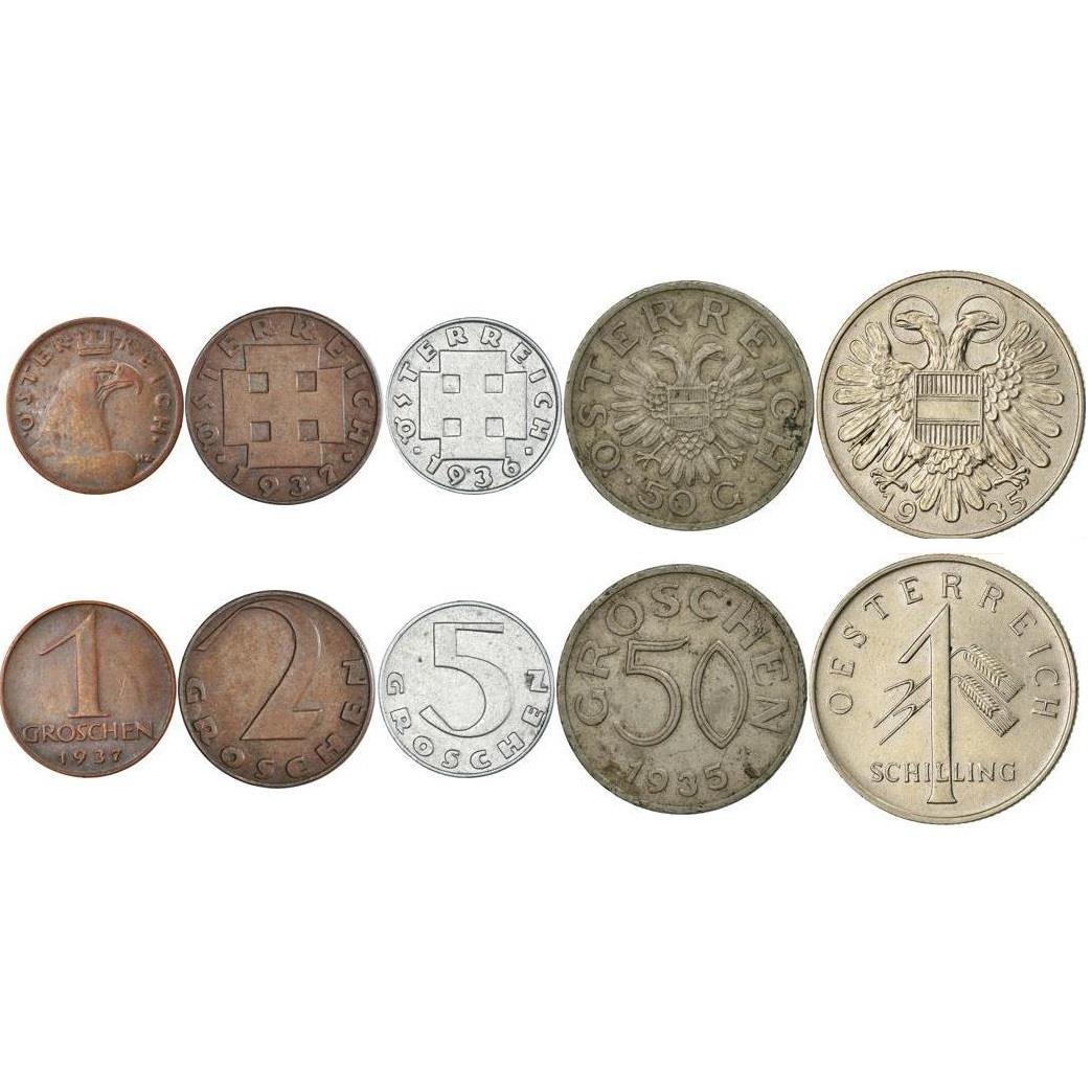 Austria | Juego de 5 Monedas | 1 2 5 50 Groschen 1 Schilling | Águila Coronada | Cruz Potente | Escudo Austríaco | 1934 - 1938