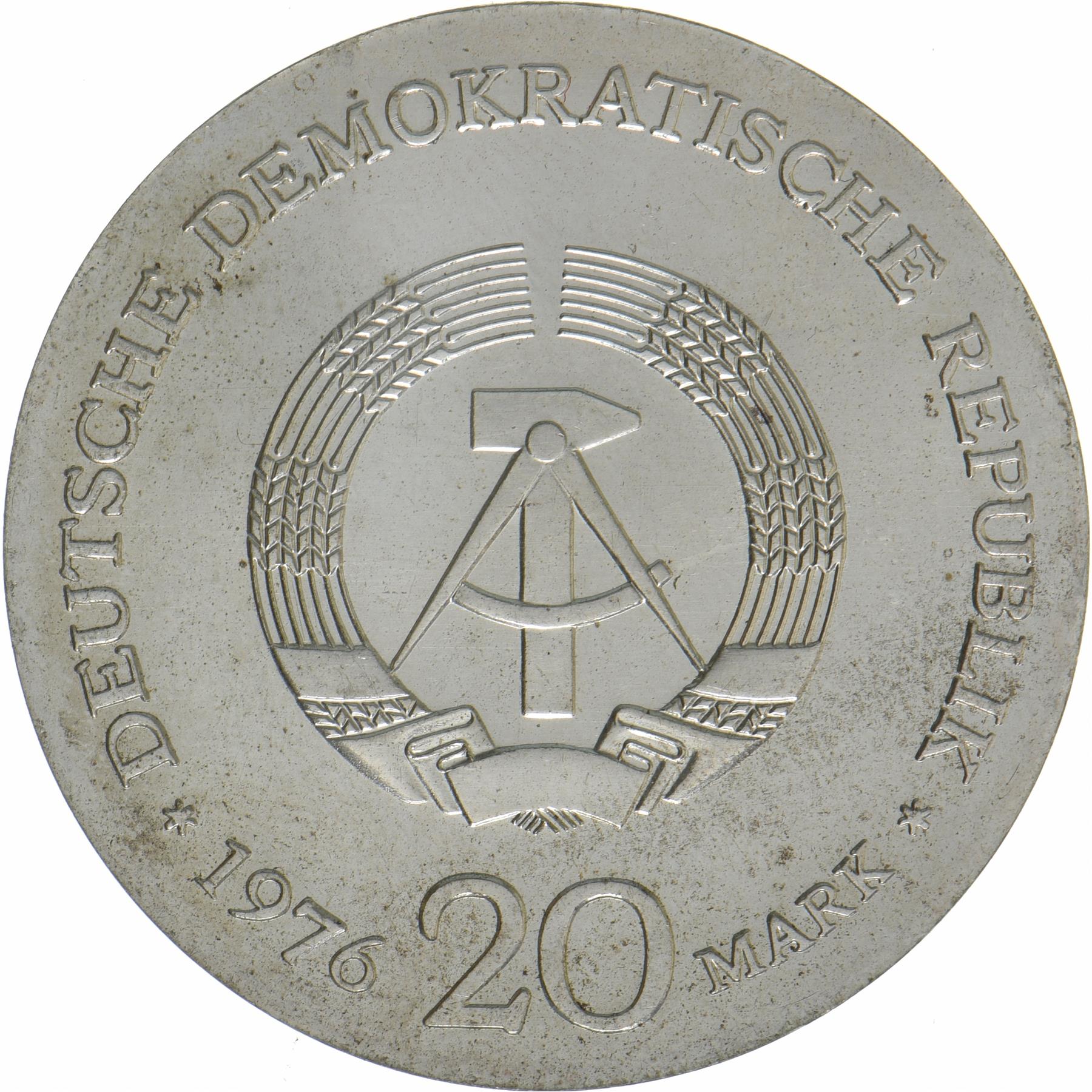German Democratic Republic | 20 Mark Coin | Wilhelm Liebknecht | KM:63 | 1976
