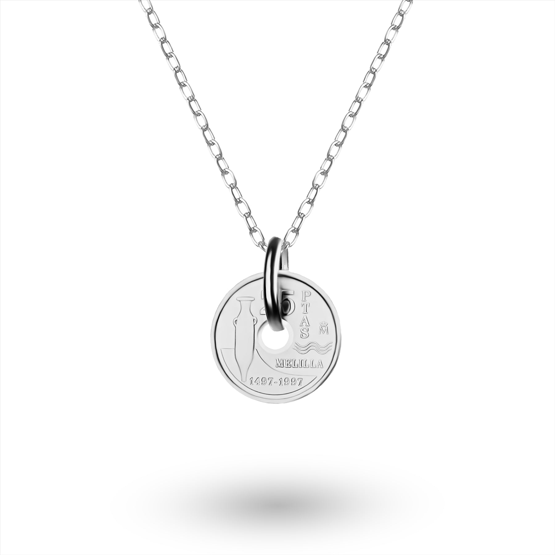 Spanish Coin Necklace | Medallion Pendant Jewelry | Rhodium Plated 25 Pesetas | Melilla | 1997