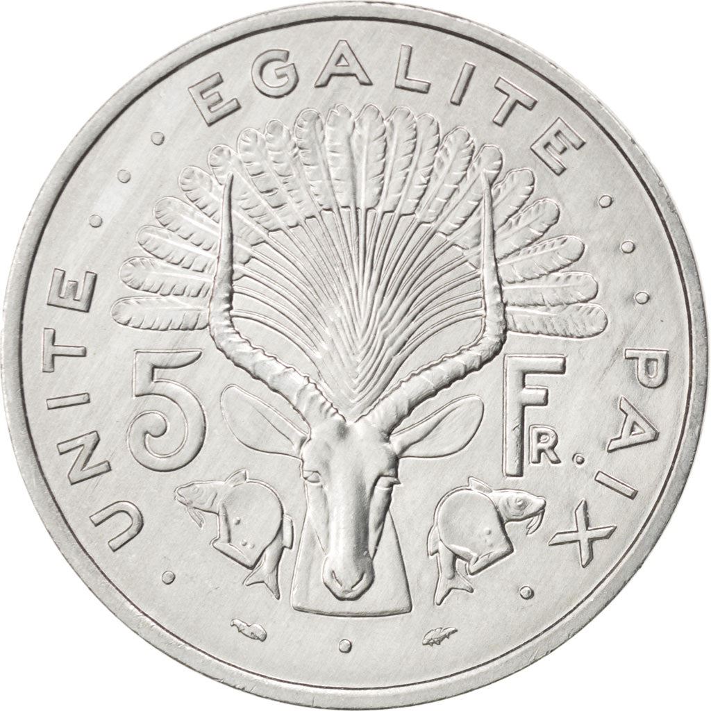 Djibouti | 5 Francs Coin | Knife | Spear | Shield | Waterbuck | Km:22 | 1977 - 1999