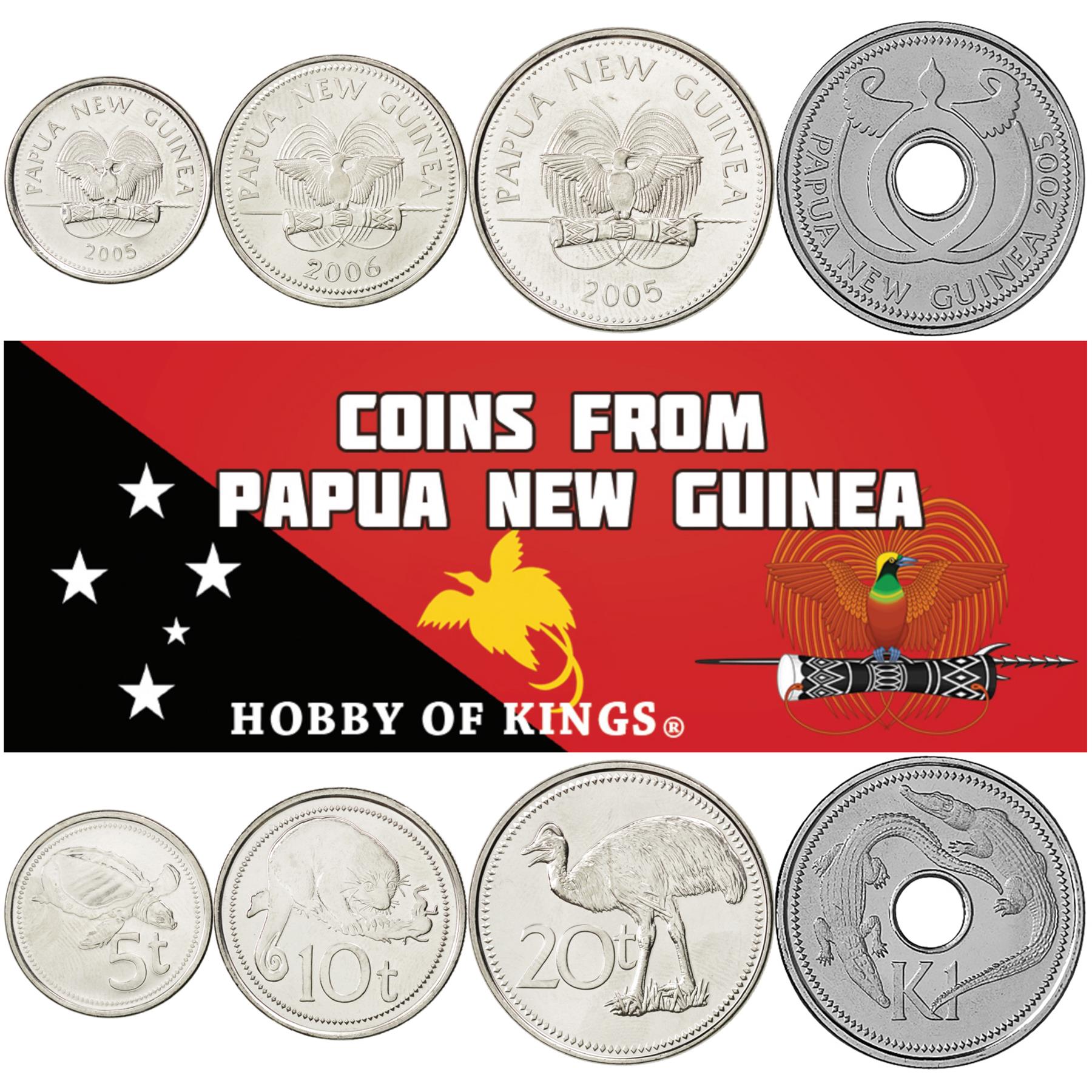 Conjunto de 4 Moedas da Papua-Nova Guiné 5 10 20 Toea 1 Kina | Cuscus | Pássaro do Paraíso | Casuarí Anão | Crocodilo | Tartaruga | Papua-Nova Guiné | 2005 - 2018