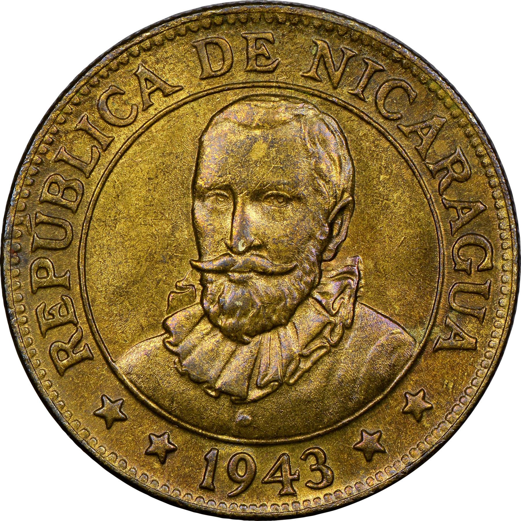 Nicaragua | 10 Centavos Coin | Explorer | Sun | Volcanos | Km:22 | 1943