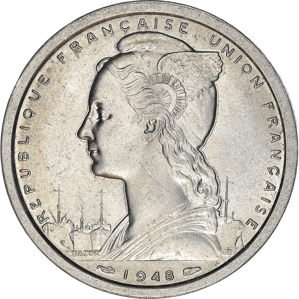 French Cameroon | 2 Francs Coin | Liberty | Phrygian cap | Gazelle | Ships | Km:9 | 1948