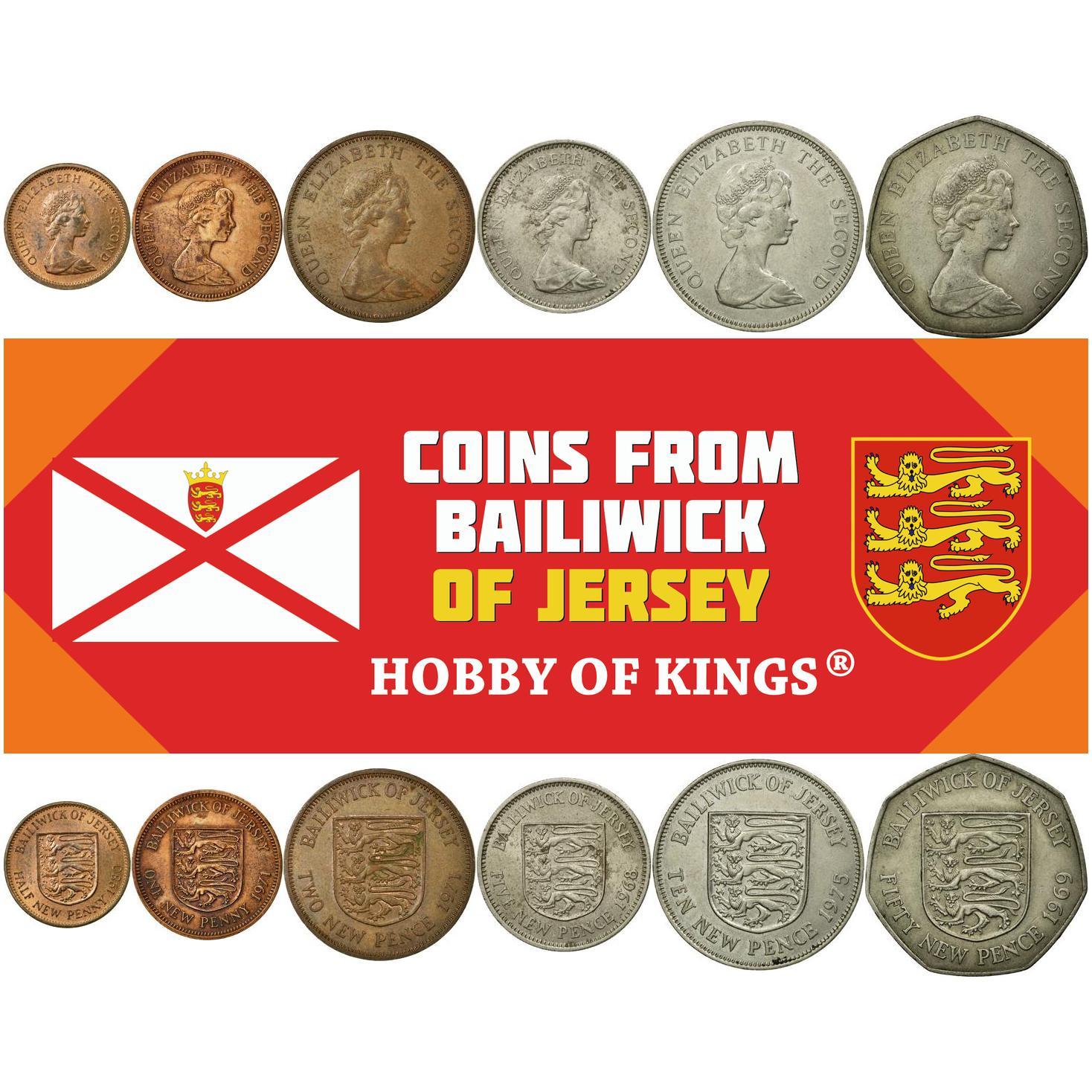 Jersey | 6 Coin Set | 1/2 1 New Penny 2 5 10 50 New Pence | 1968 - 1980