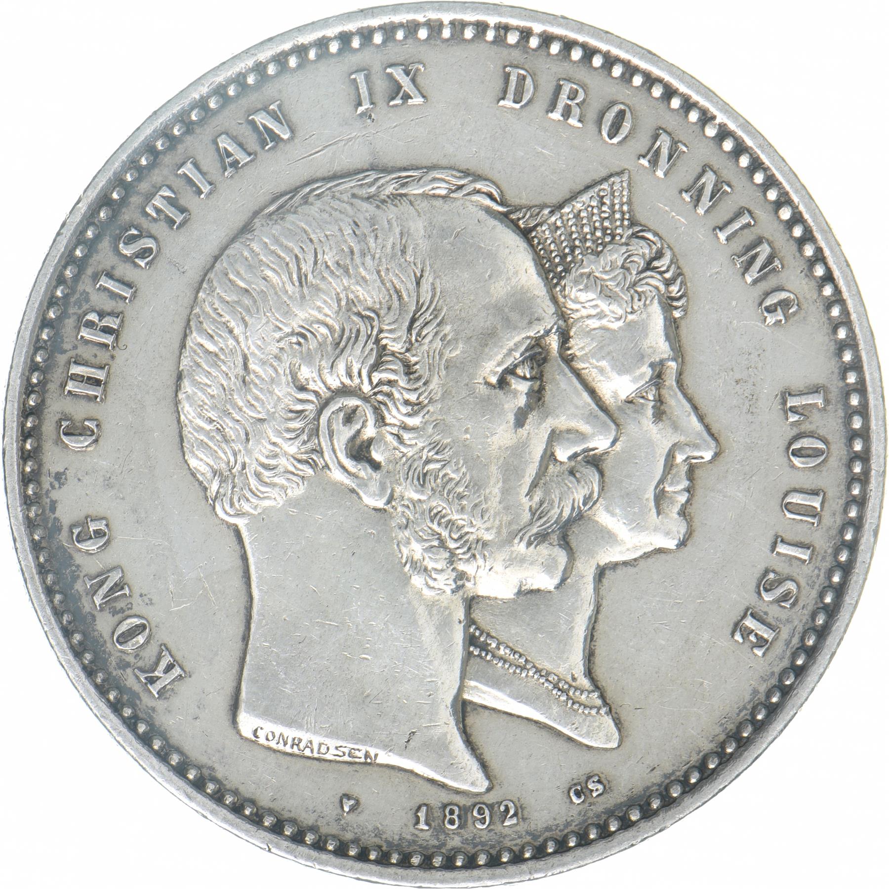 Denmark 2 kroner, 1892 Golden Wedding Anniversary