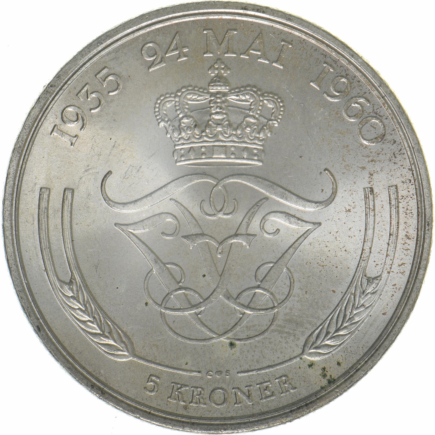 Denmark | 5 Kroner Coin | Silver | Silver Wedding Anniversary | KM:852 | 1960