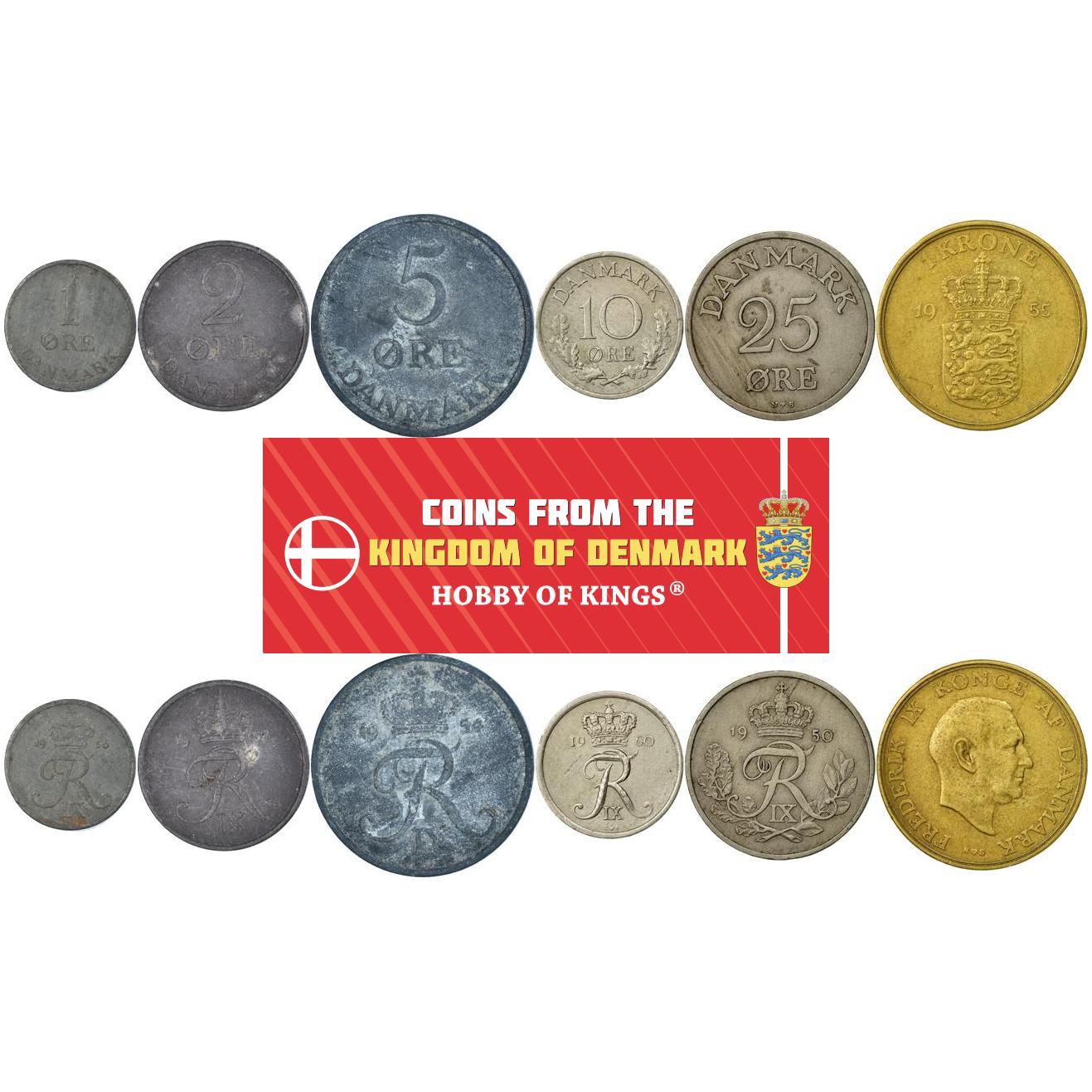 Denmark | 6 Coin Set | 1 2 5 10 25 Ore 1 Krone | 1947 - 1964