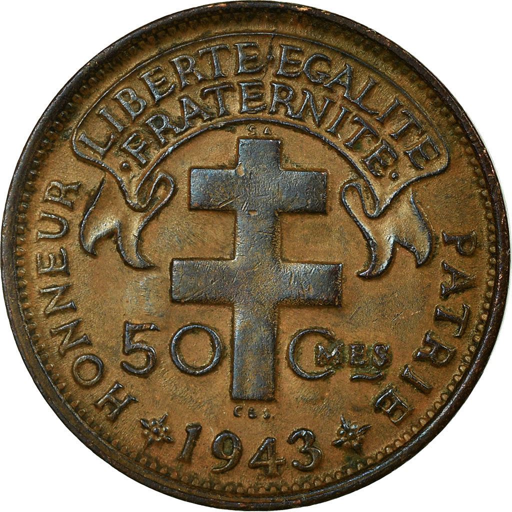 Madagascar | 50 Centimes Coin | Rooster | Lorraine Cross | Km:1 | 1943