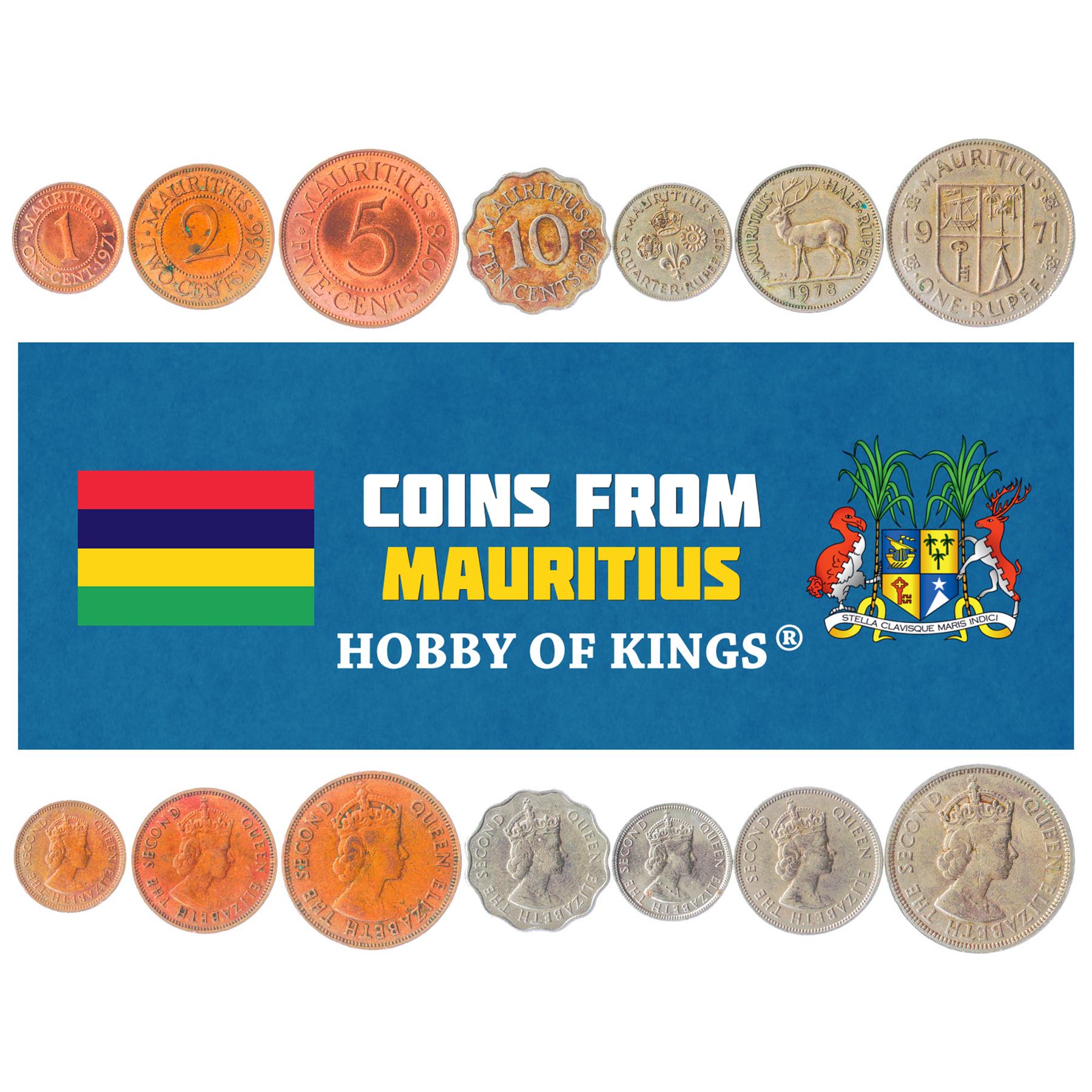 Mauritian 7 Coin Set 1 2 5 10 Cents 1/4 1/2 1 Rupees | Elizabeth II | 1953 - 1978