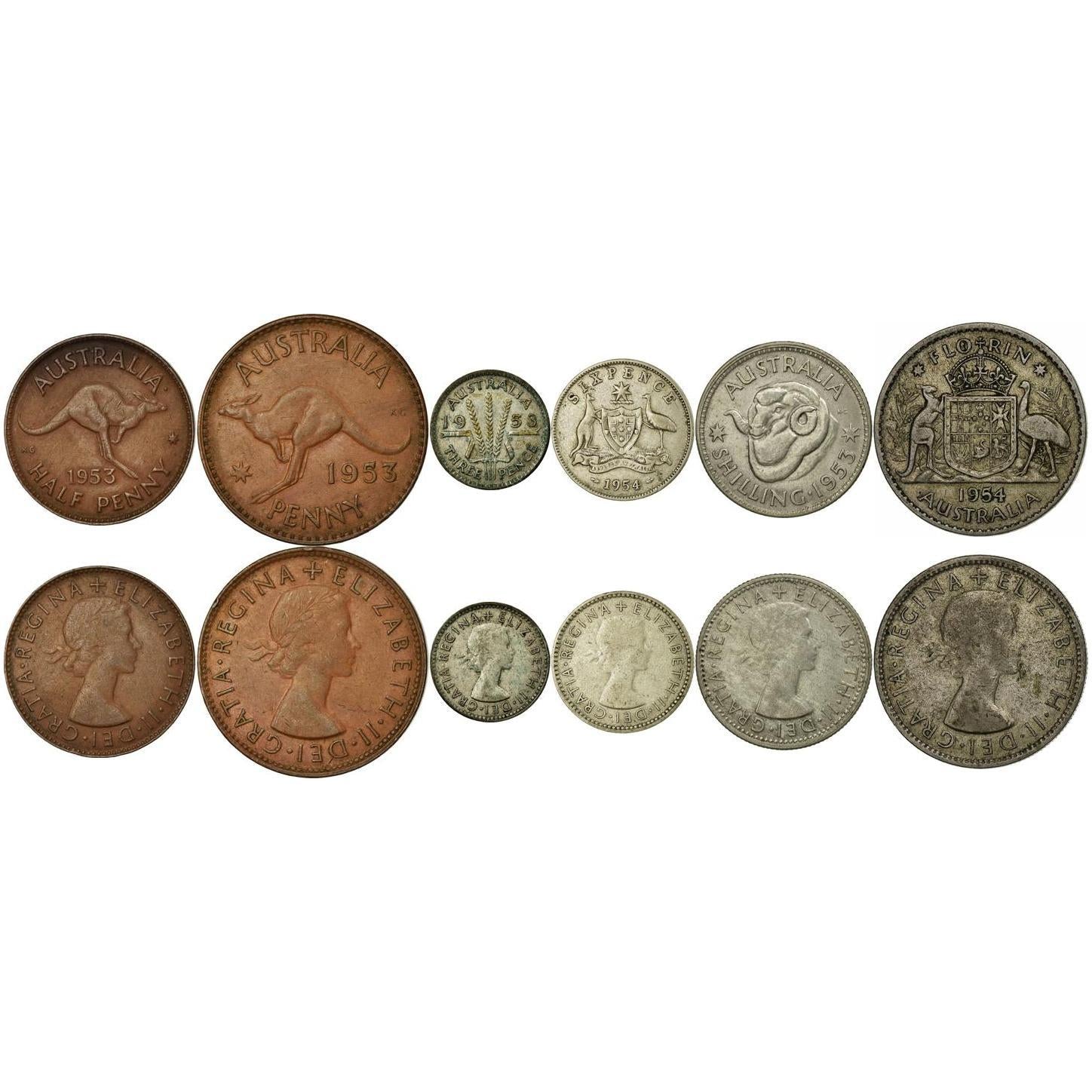 Australia | 6 Coin Set | 1/2 1 Penny 3 6 Pence 1 Shilling 1 Florin | 1953 - 1955