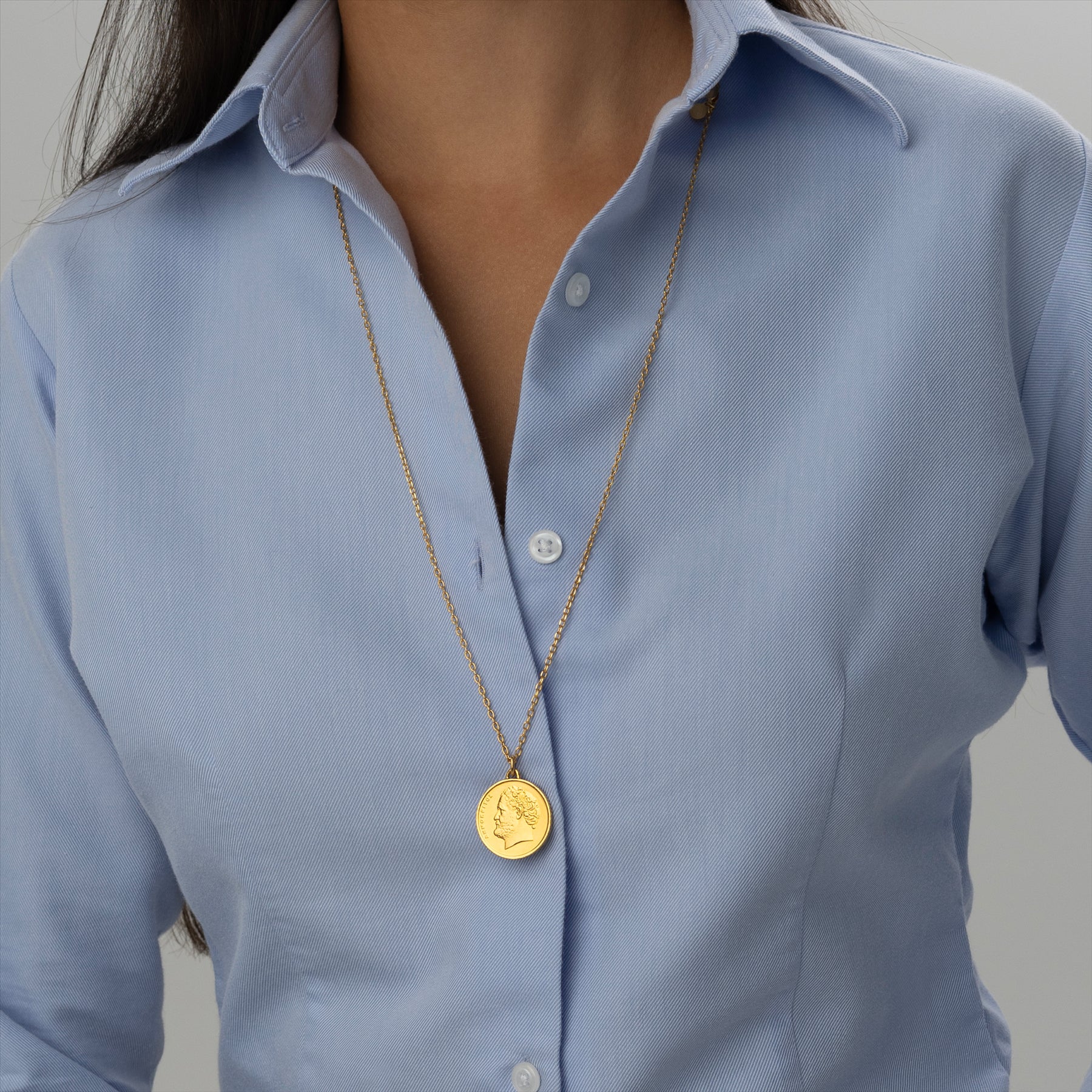 Greek Coin Necklace | Medallion Pendant Jewelry | 18K Gold Plated 10 Drachmes | Democritus | 1976 - 2000