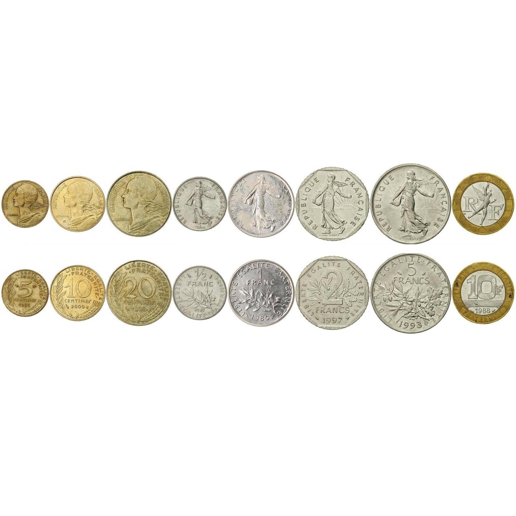 France | 8 Coin Set | 5 10 20 Centimes 1/2 1 2 5 10 Francs | Sculpture | Marianne | 1960 - 2001