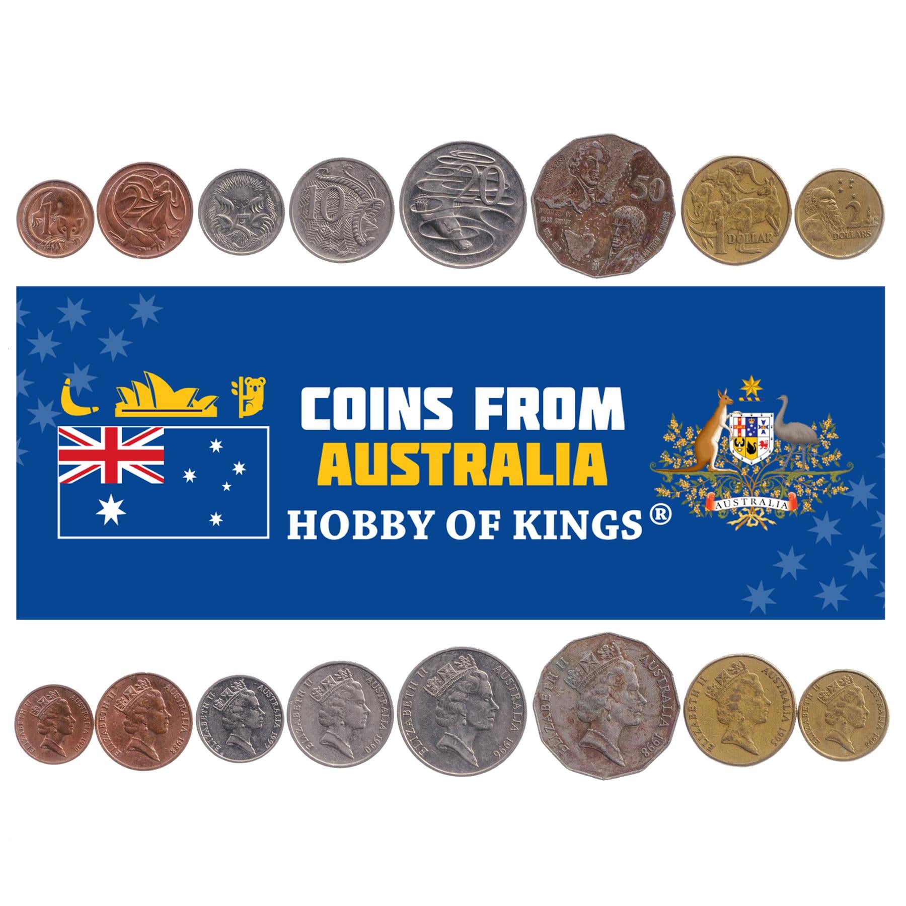 Australia | 8 Coin Set | 1 Cent 2 5 10 20 50 Cents 1 Dollar 2 Dollars | 1985 - 1998