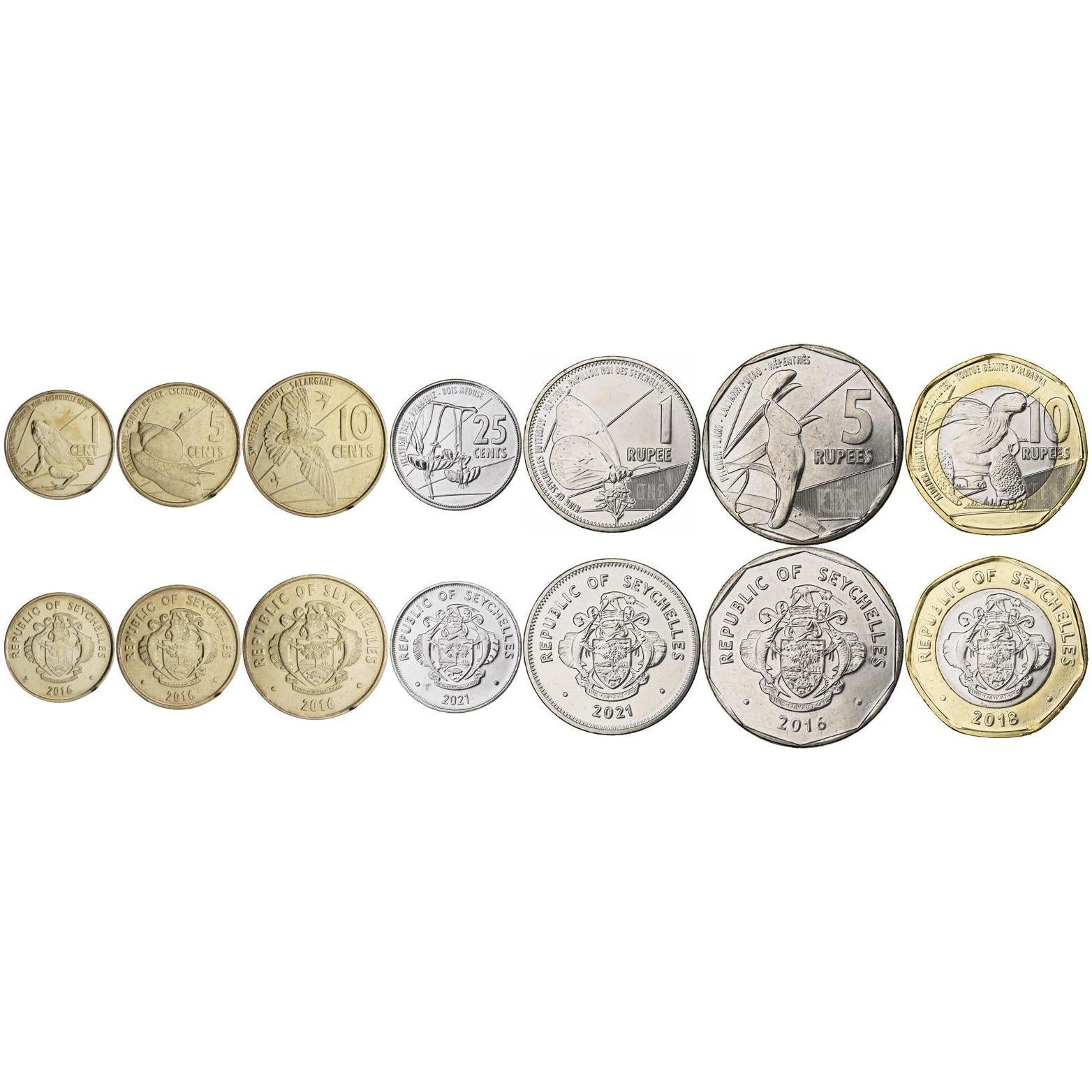 Seychelles | 7 Coin Set | 1 Cent 5 10 25 Cents 1 Rupee 5 10 Rupees | 2016 - 2022