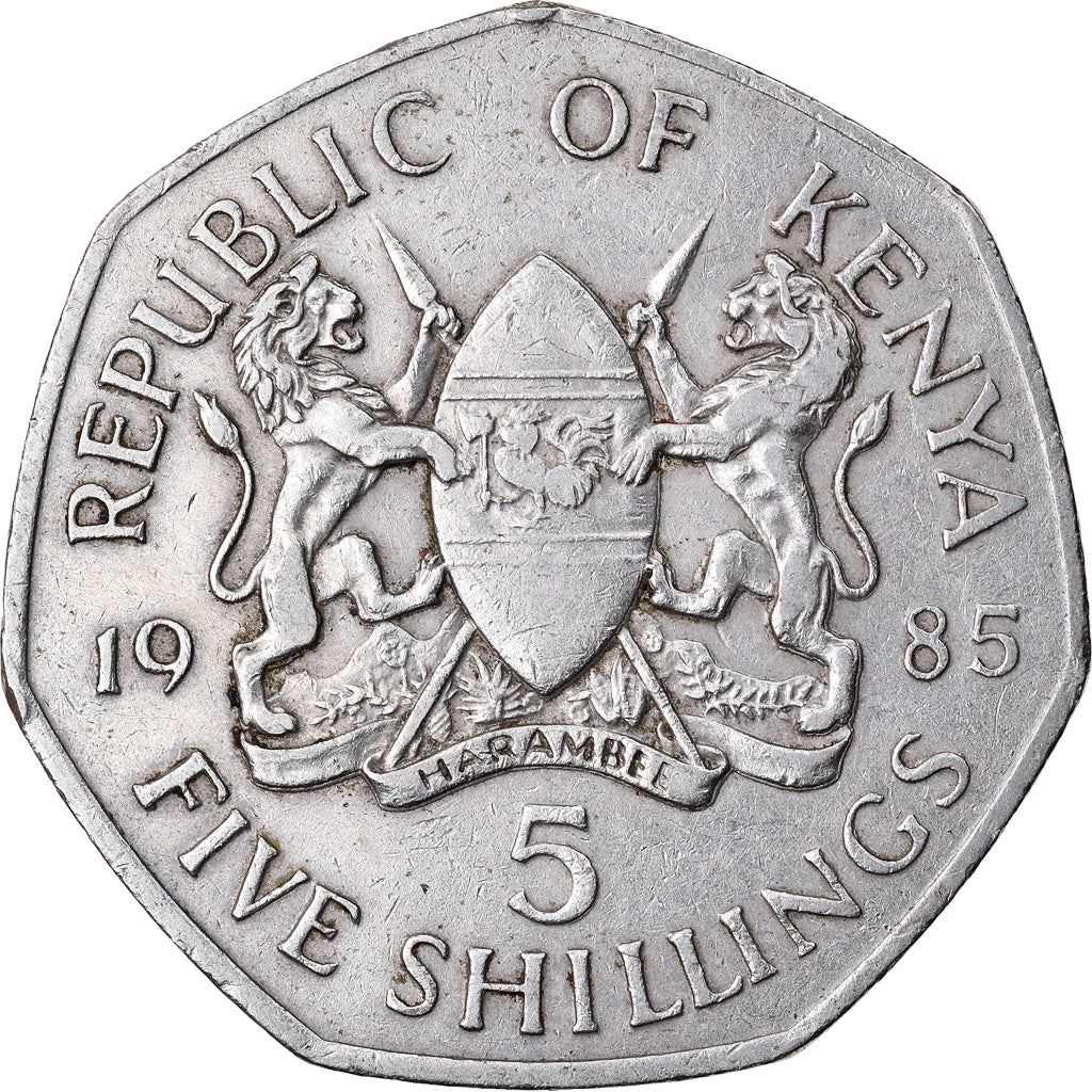 Kenya 5 Shilling | Skjold | Øks | Løve | Fugl | Spyd Mynt | KM23 | 1985