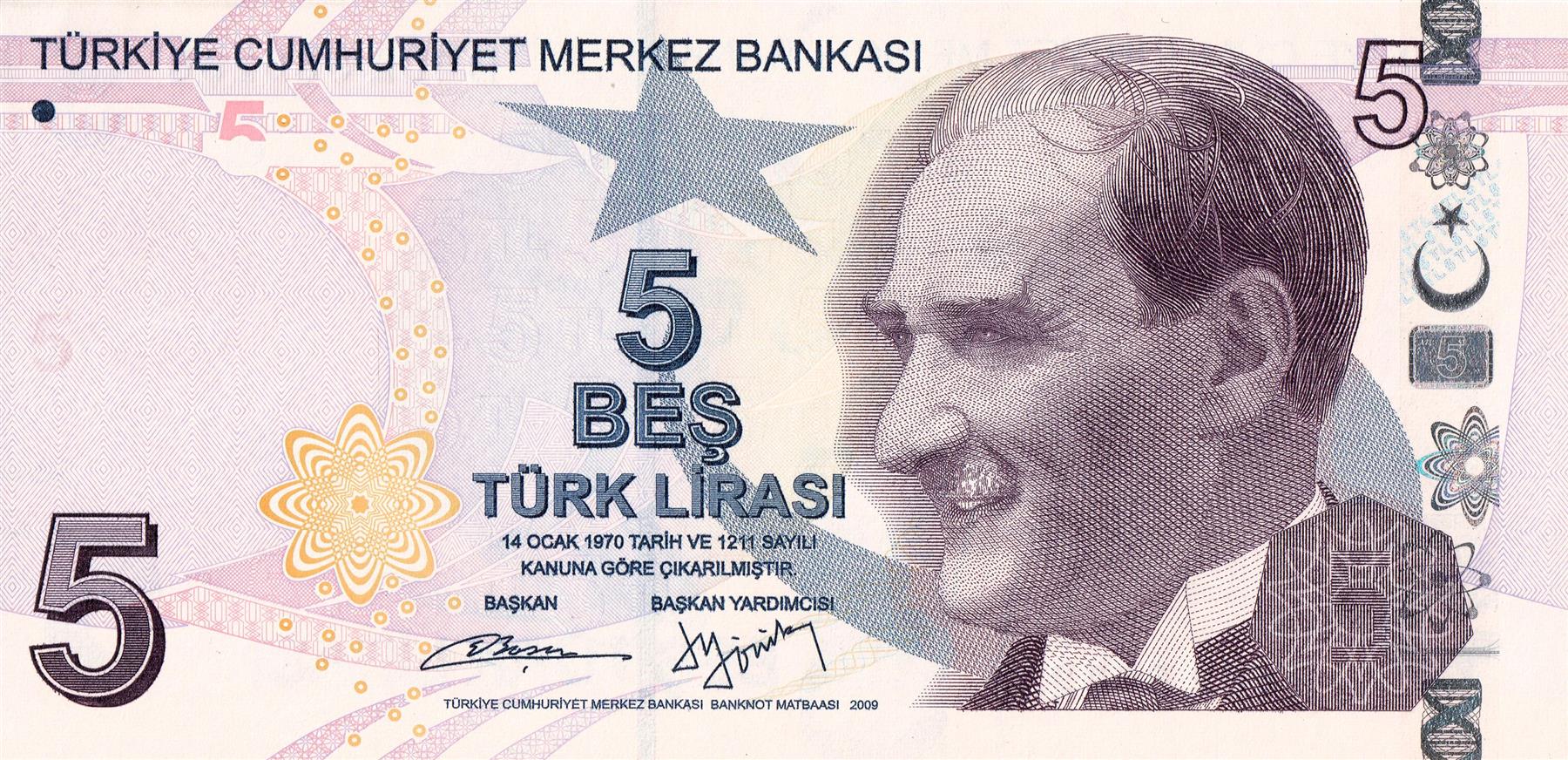 Turkey | 5 Lira Banknote | 2013 - 2024 | President Mustafa Kemal Atatürk | Aydın Sayılı | Solar System | Atom | Ancient Cave | DNA Helix