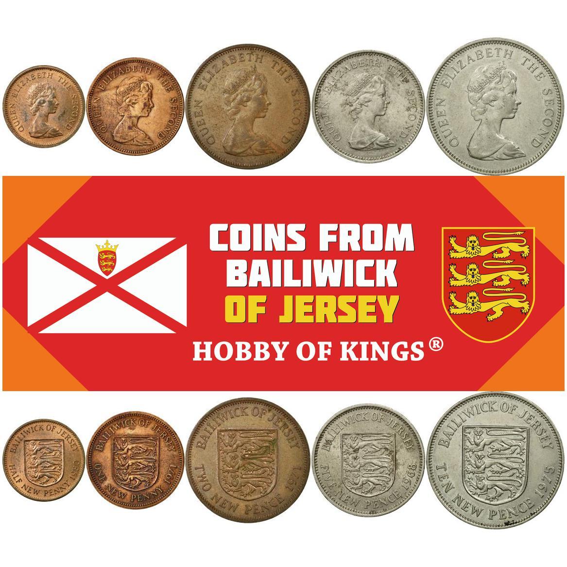 Jersey | 5 Coin Set | 1/2 1 New Penny 2 5 10 New Pence | 1968 - 1980
