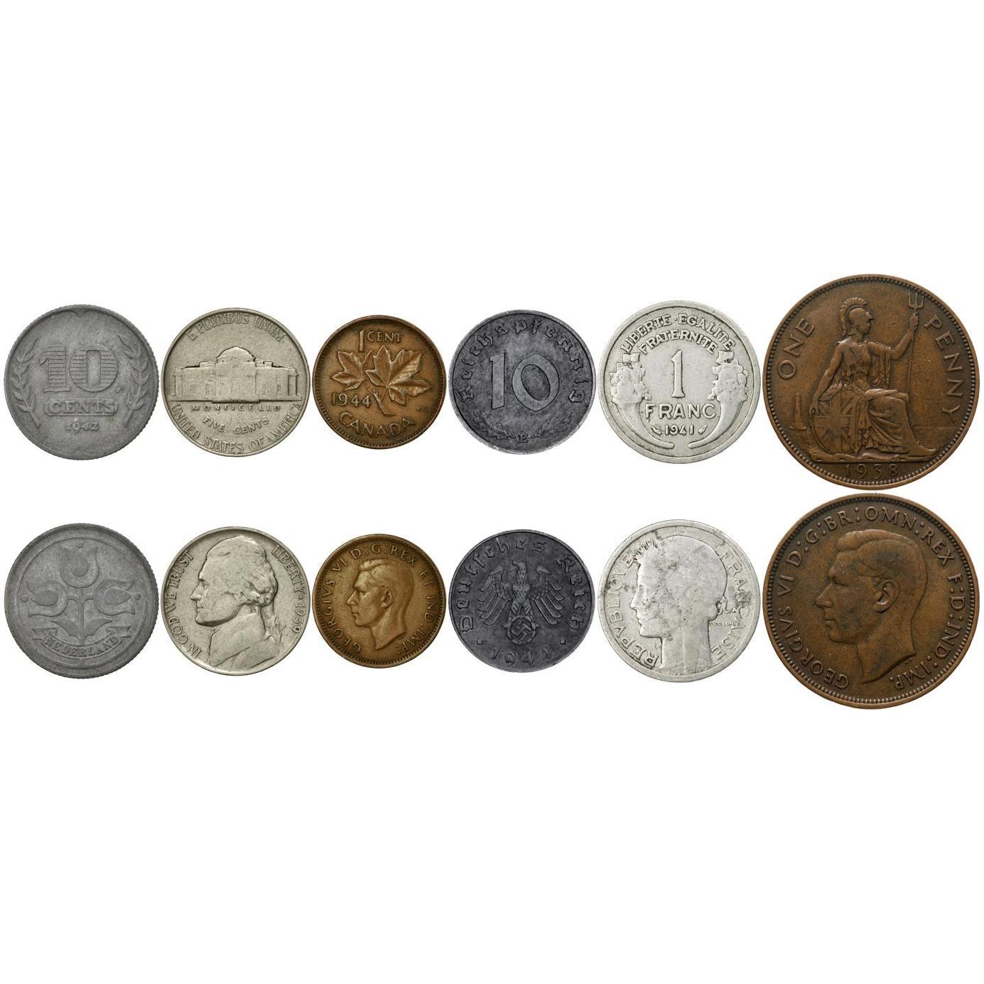 D-Day Coin Collection - Battle of Normandy - 6 Coins - Third Reich, Great Britain, USA, Canada, Free France, Netherlands