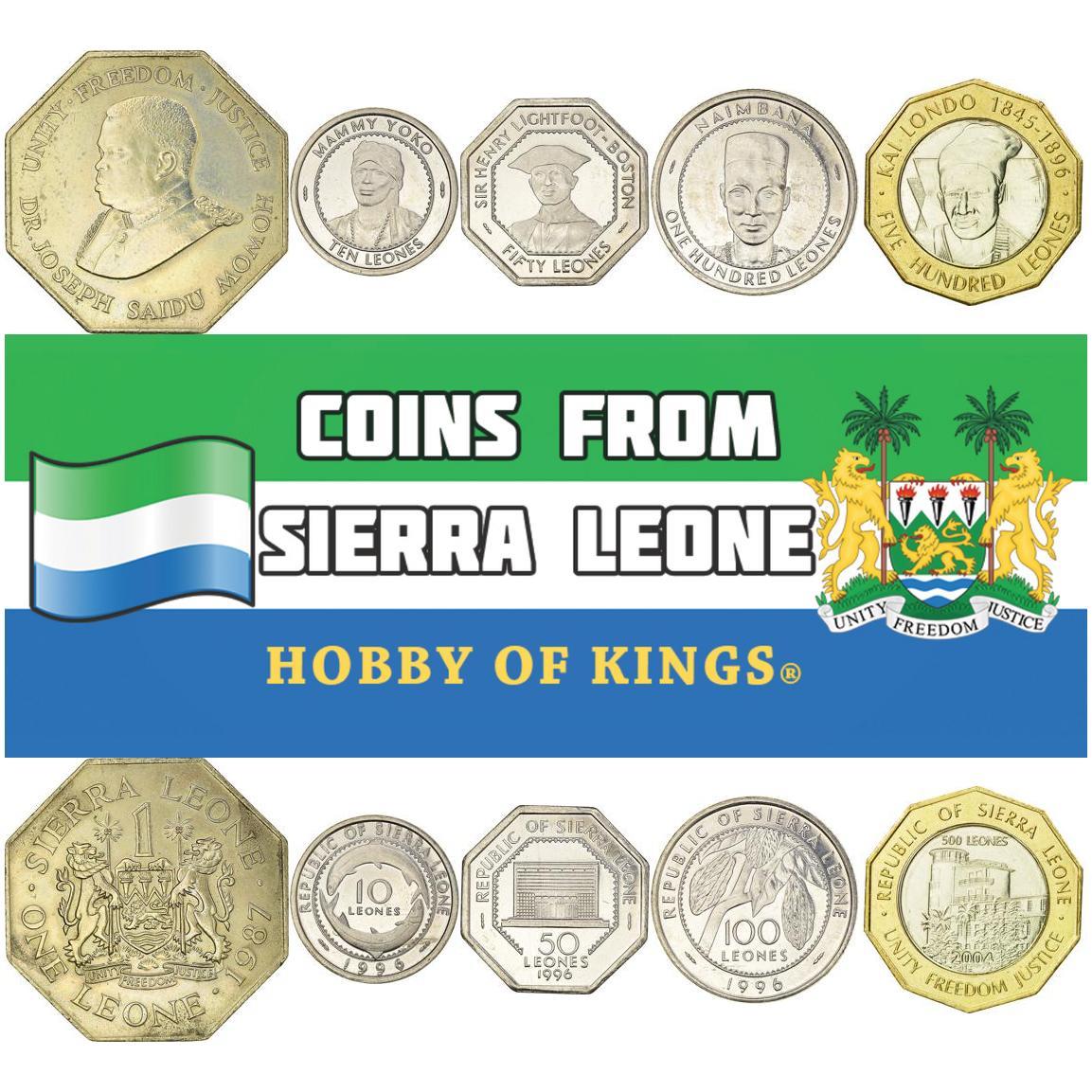 Sett med 6 mynter Sierra Leone 1/2 1 5 10 20 50 cent 1972 - 1984