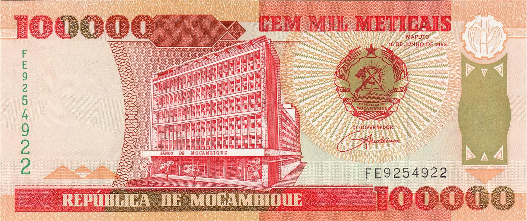 Mozambique | 100 000 Meticais Banknote | 1993 | Bank of Mozambique | Zambezi River | Dam