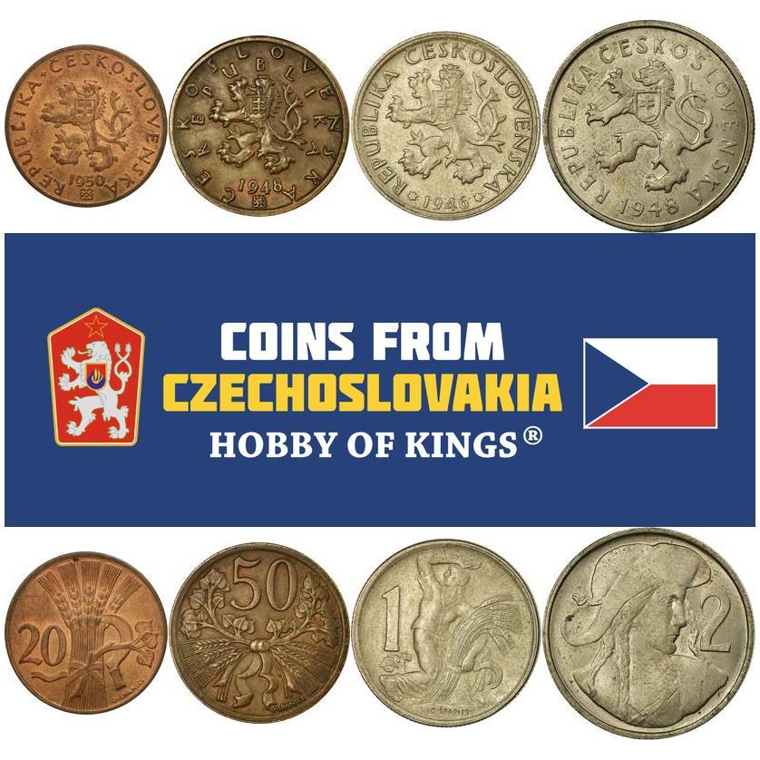 Tchécoslovaquie | Ensemble de 4 pièces | 20 50 Hellers 1 2 Couronne | Faucille | Lion tchèque | Juraj Jánošík | 1946 - 1950