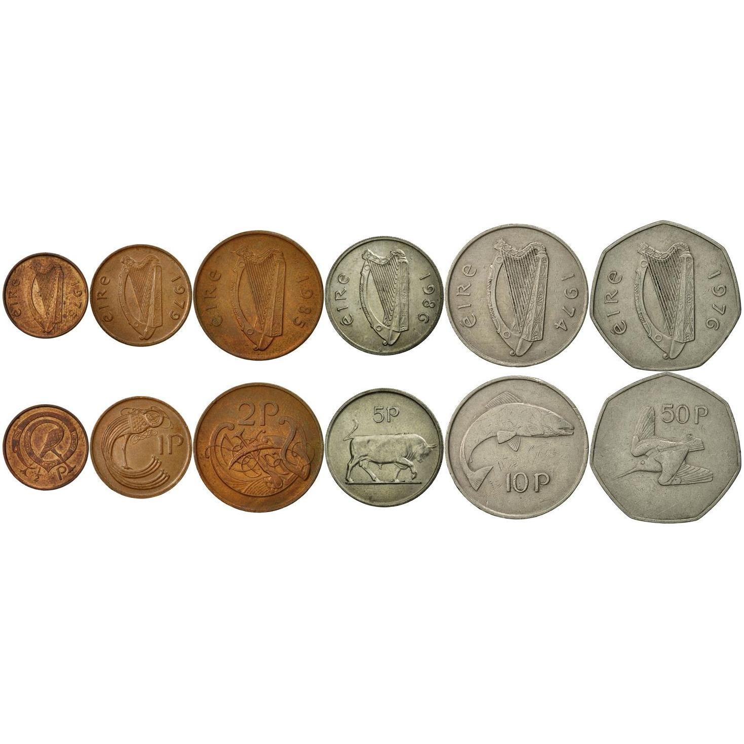 Irish 6 Coin Set 1/2 1 2 5 10 50 Pence | Bull | American Woodcock | Salmon | Celtic Harp | Ireland | 1969 - 1990