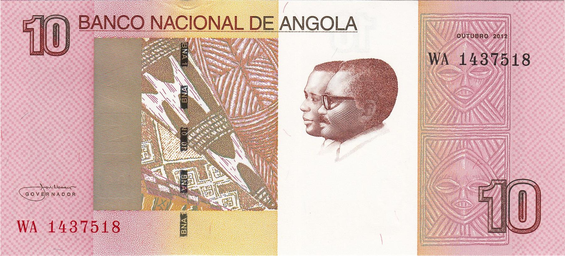 Angola | 10 Kwanzas Banknote | 2012 | José Eduardo dos Santos | António Agostinho Neto | Luena Waterfall