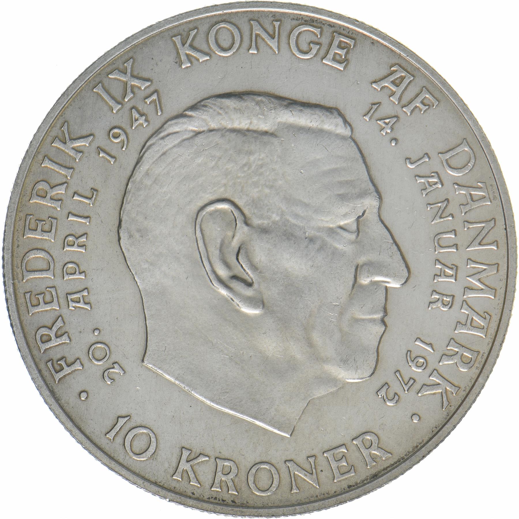 Denmark | 10 Kroner Coin | Silver | Death of Frederik IX and accession of Margrethe II | KM:858 | 1972