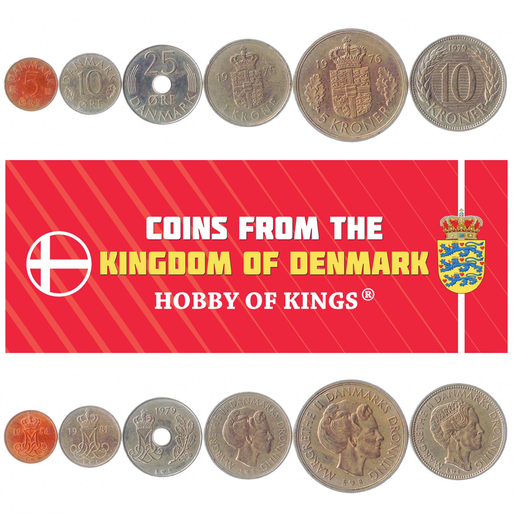 Denmark | 6 Coin Set | 5 10 25 Ore 1 Krone 5 10 Kroner | 1973 - 1989