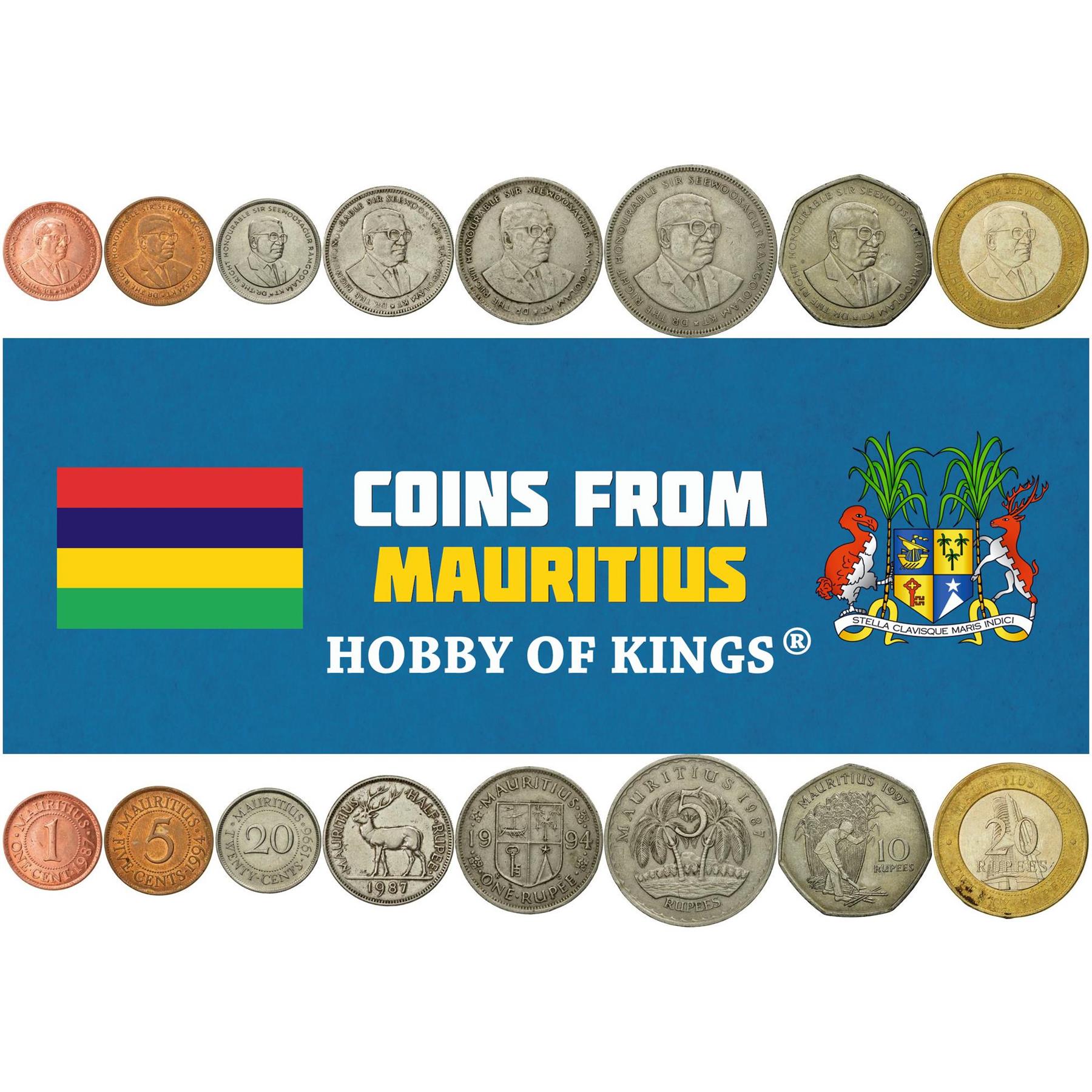 Mauritius | 8 Coin Set | 1 Cent 5 20 Cents 1/2 1 Rupee 5 10 20 Rupees | 1987 - 2010