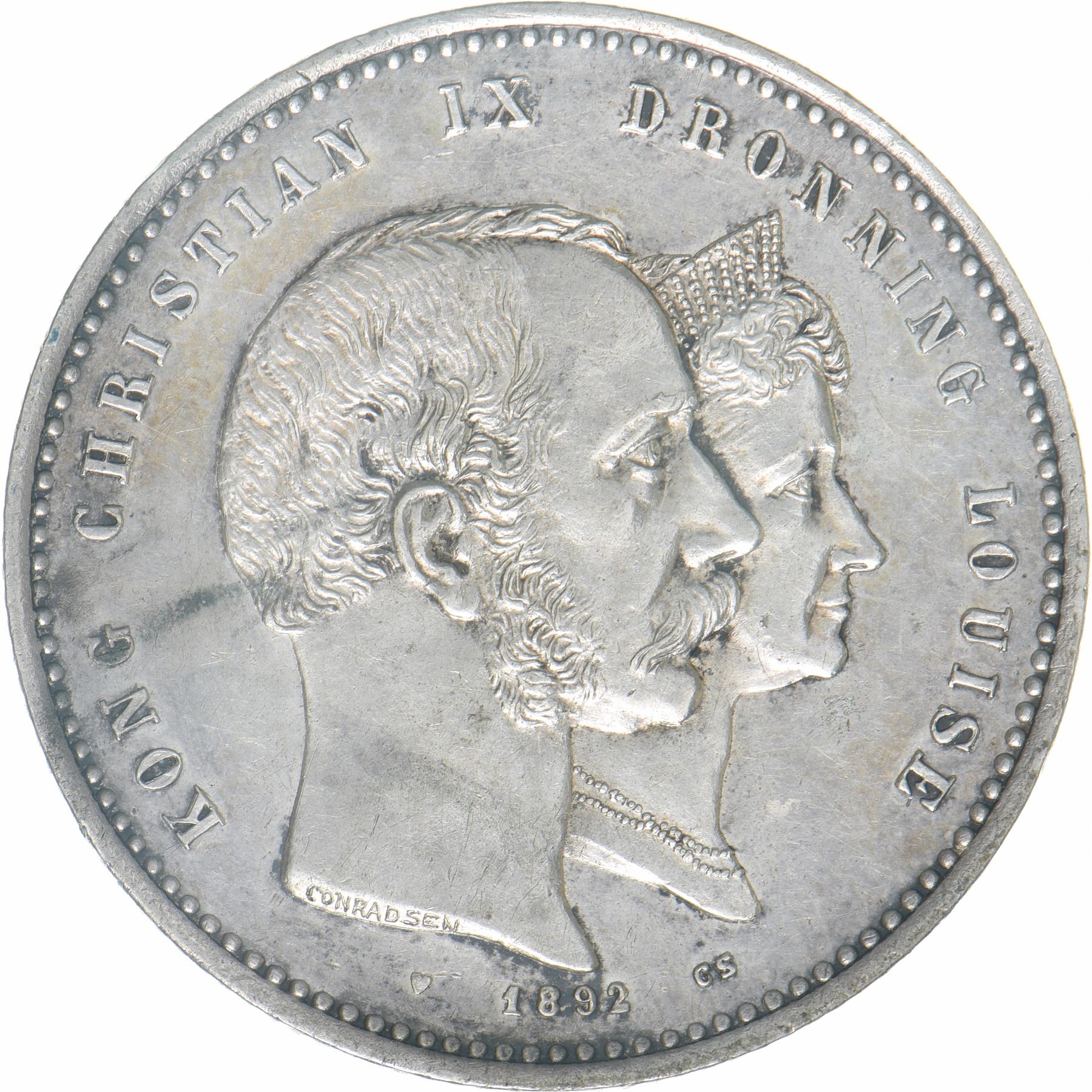 Denmark 2 kroner, 1892 Golden Wedding Anniversary