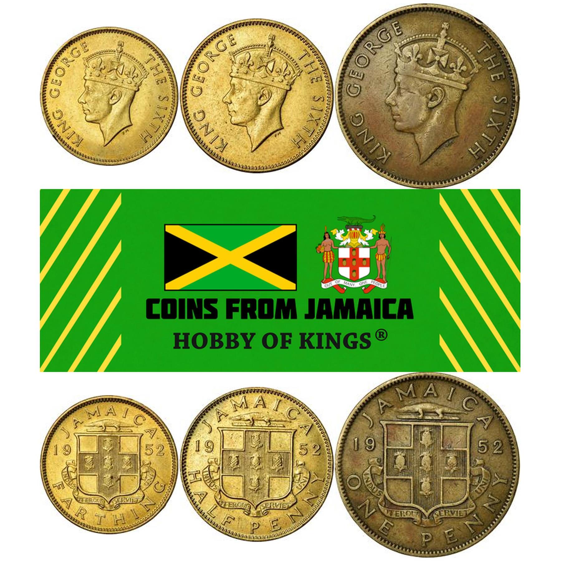 Jamaica | 3 Coin Set | 1 Farthing 1/2 1 Penny | King George VI | 1950 - 1952