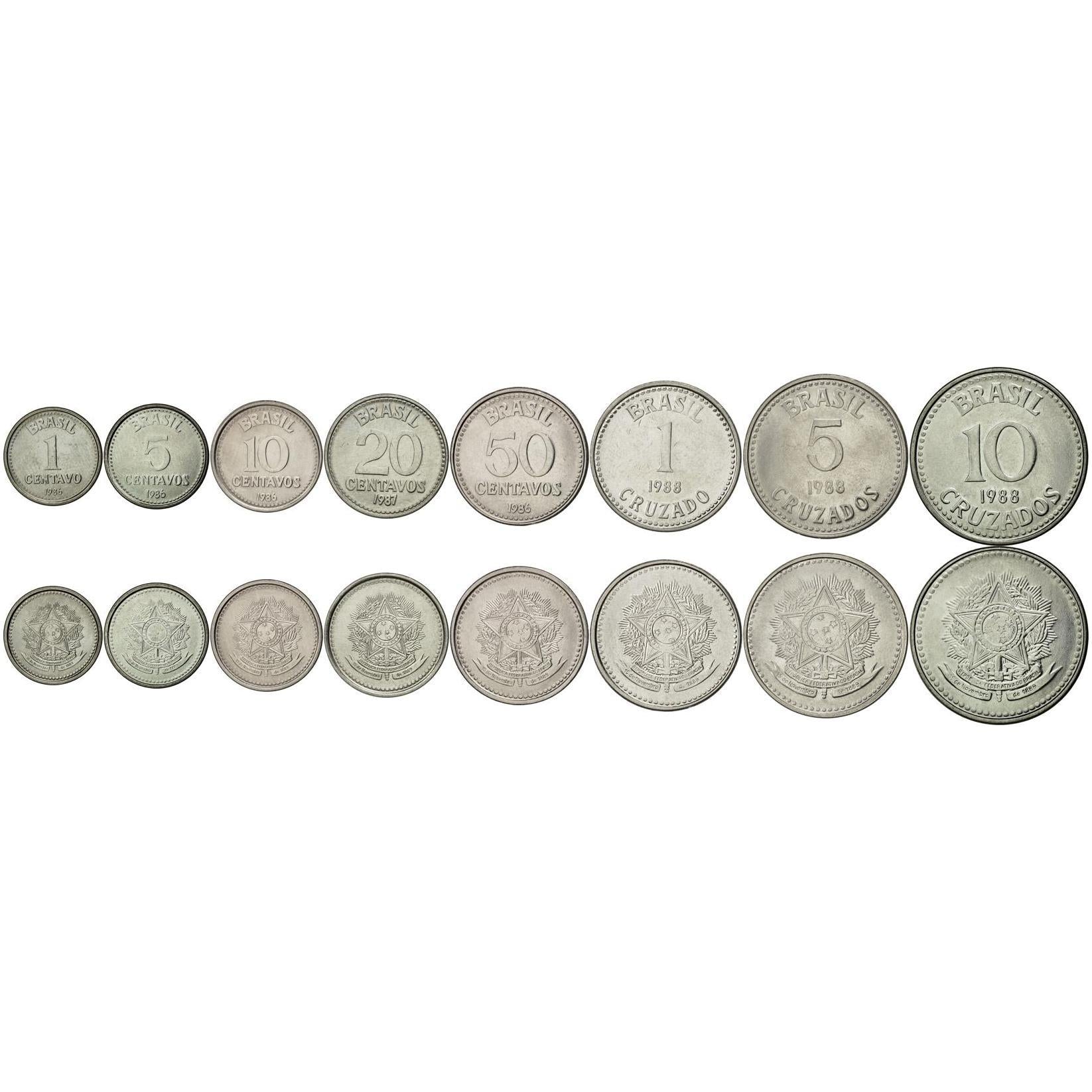 Brazil | 8 Coin Set | 1 Centavo 5 10 20 50 Centavos 1 Cruzado 5 10 Cruzados | 1986 - 1988