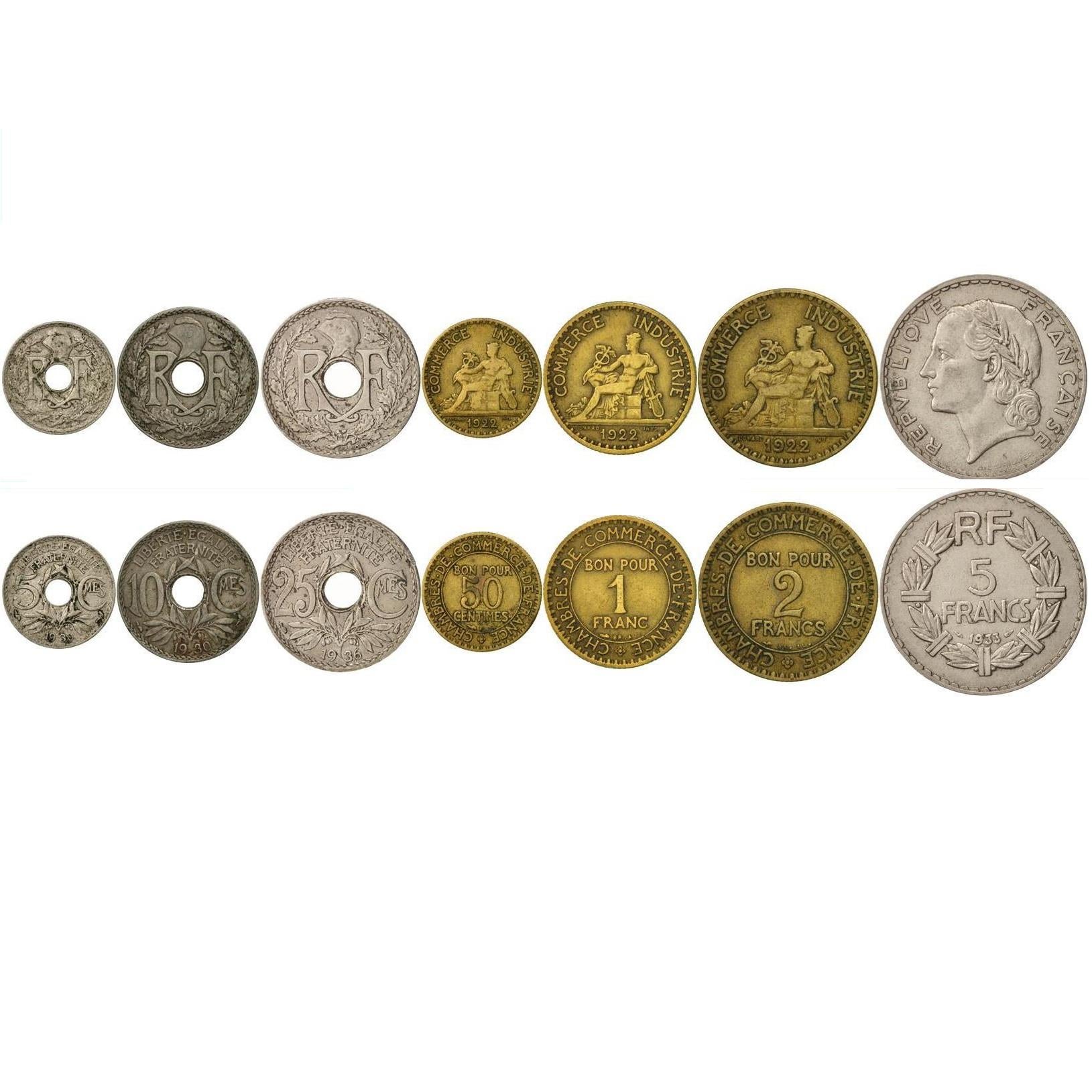 France | 7 Coin Set | 5 10 25 50 Centimes 1 2 5 Francs | Phrygian cap | Mercury | Laureate | 1917 - 1938