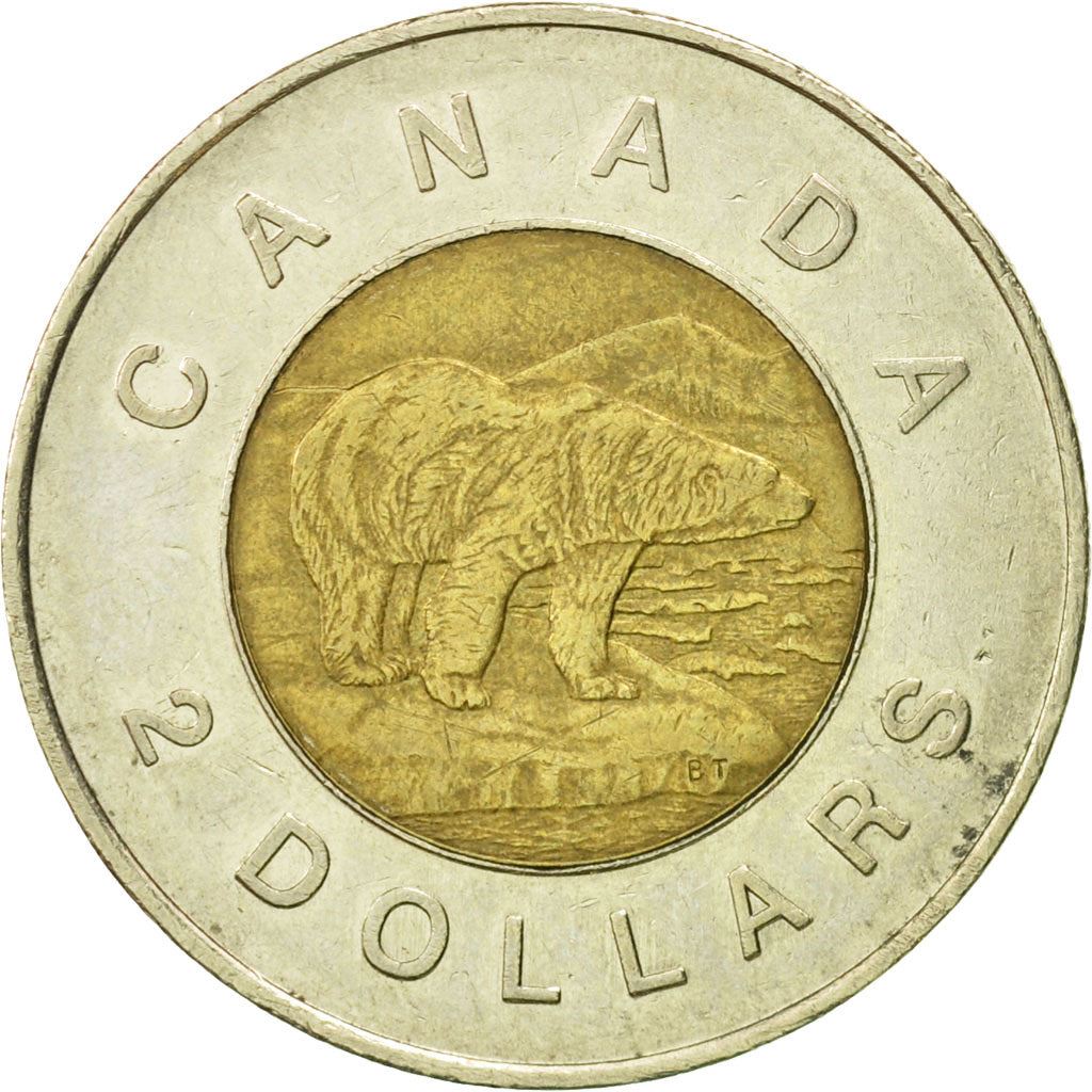 Canada | 2 Dollars Coin | Aluminium bronze center in nickel ring | 3rd portrait; Maple leaf logo | KM:270 | 1996-2003