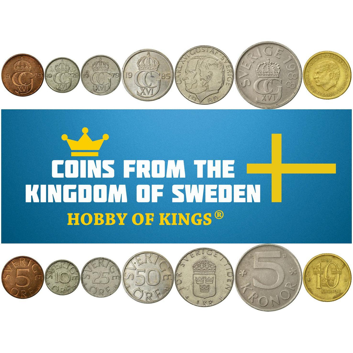 Sweden | 7 Coin Set | 5 10 25 50 Ore 1 Krona 5 10 Kronor | 1976 - 2000