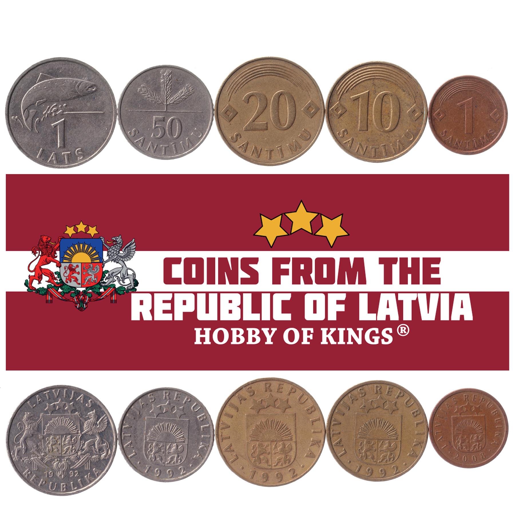 Olika mynt - gammal samlarutländsk valuta från Lettland för samlarboken - unika minnesset med världspengar - gåvor för samlare - samling om 5