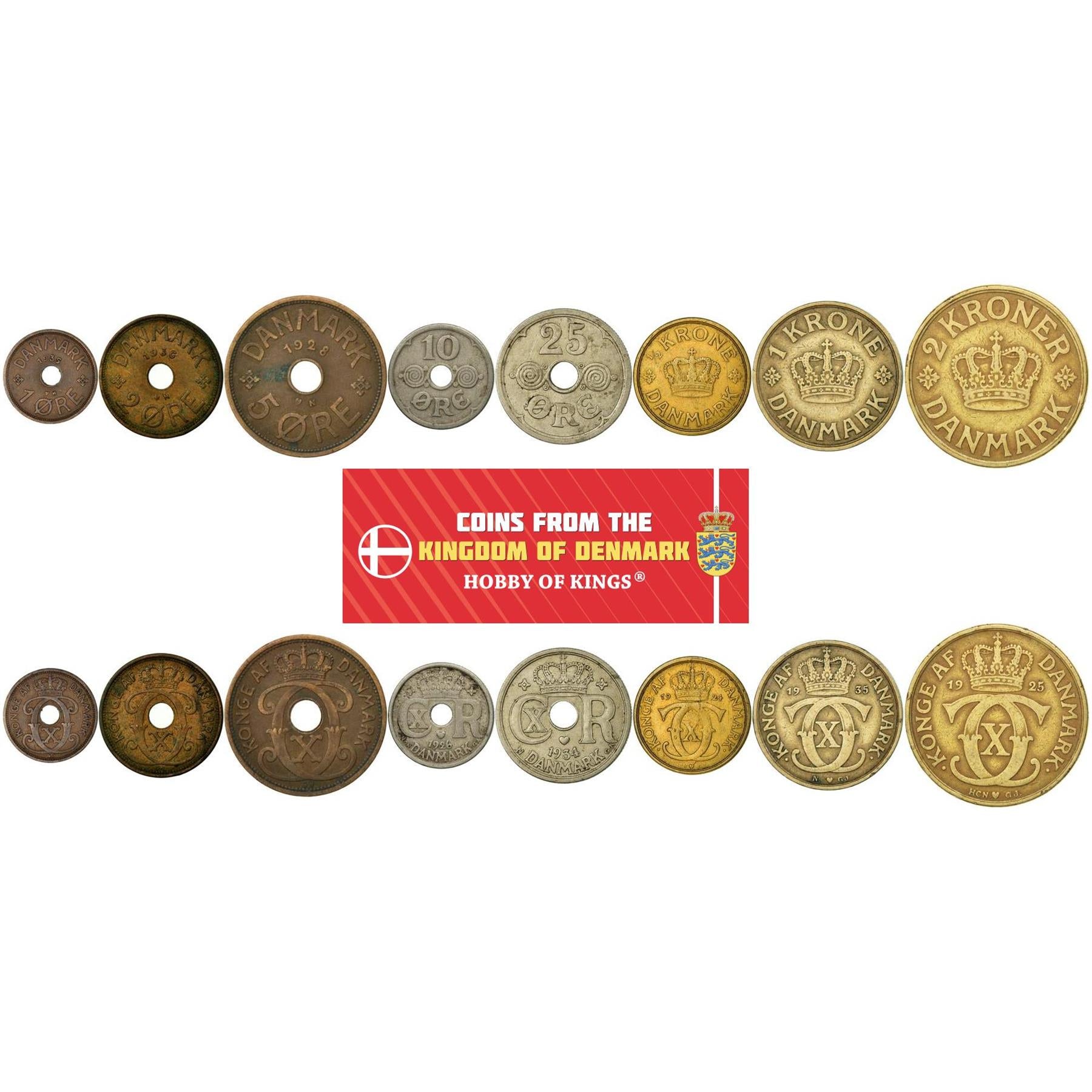 Denmark | 8 Coin Set | 1 2 5 10 25 Ore 1/2 1 Krone 2 Kroner | 1924 - 1947