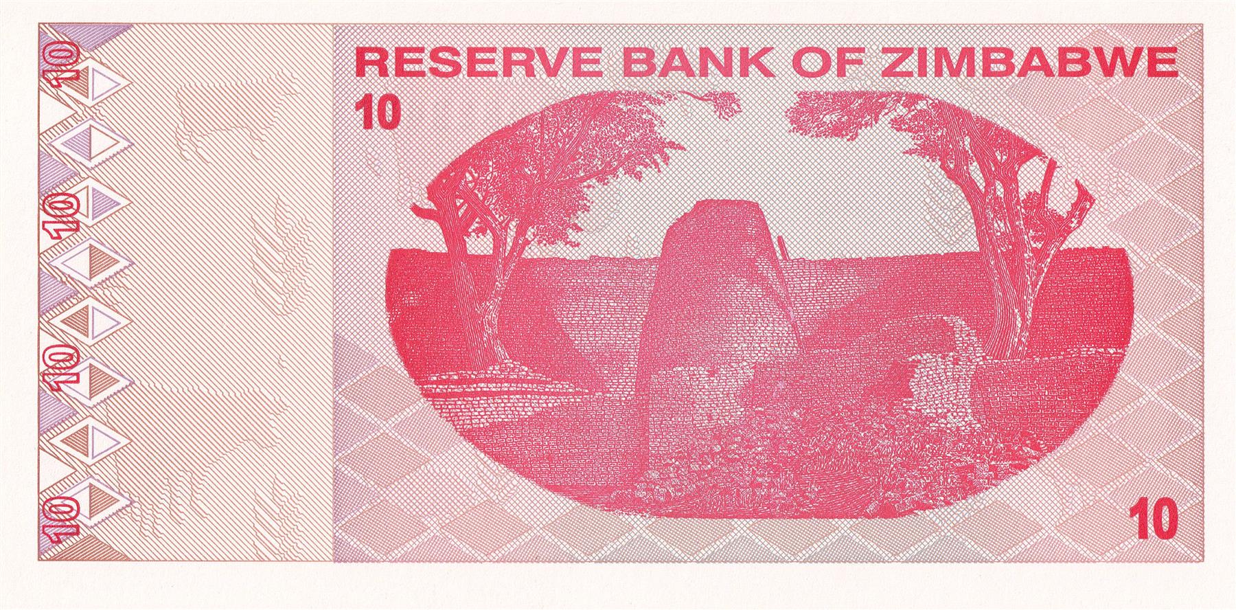 Zimbabwe | 10 Dollars Banknote | 2009 | Chiremba Balancing Rocks | Zimbabwe Bird | Conical Tower | The Ruins of Great Zimbabwe